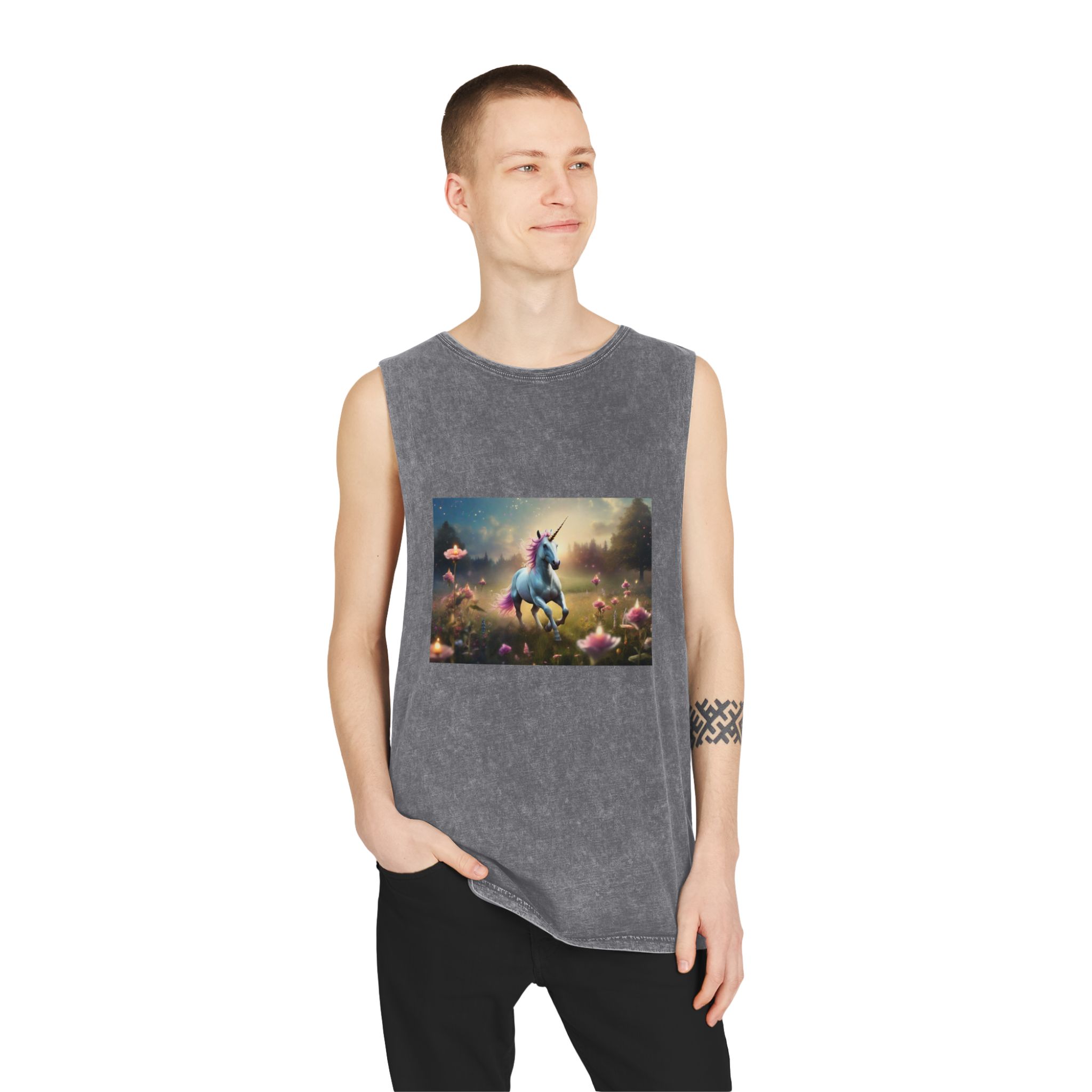 Beautiful Unicorn Running Magical Meadow Unicorn Background Images Whimsical Unicorn (19) Unisex Stonewash Tank Top - Image 11