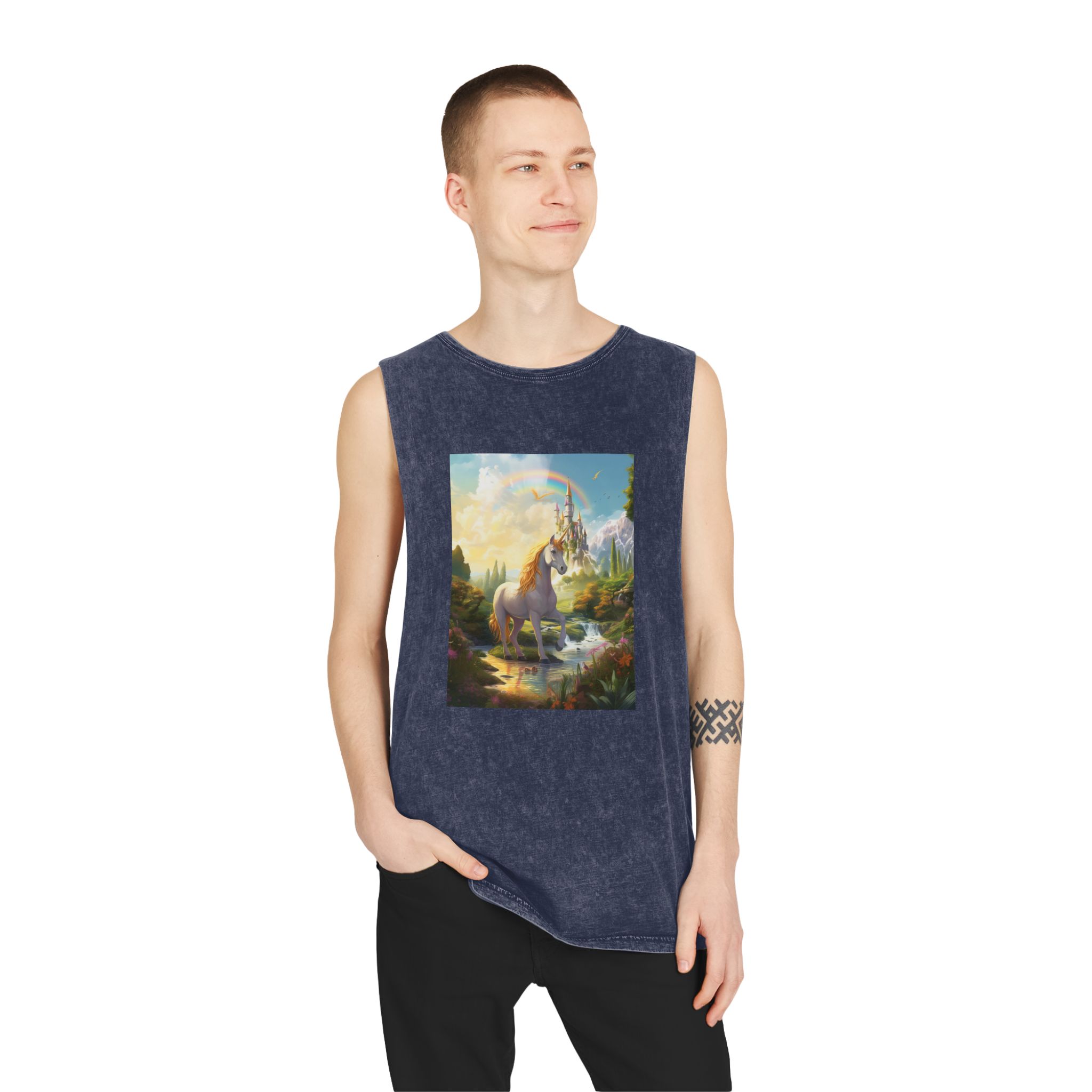 Painting Unicorn Fantasy Setting With Castle Background Generative Ai Unisex Stonewash Tank Top - Image 15
