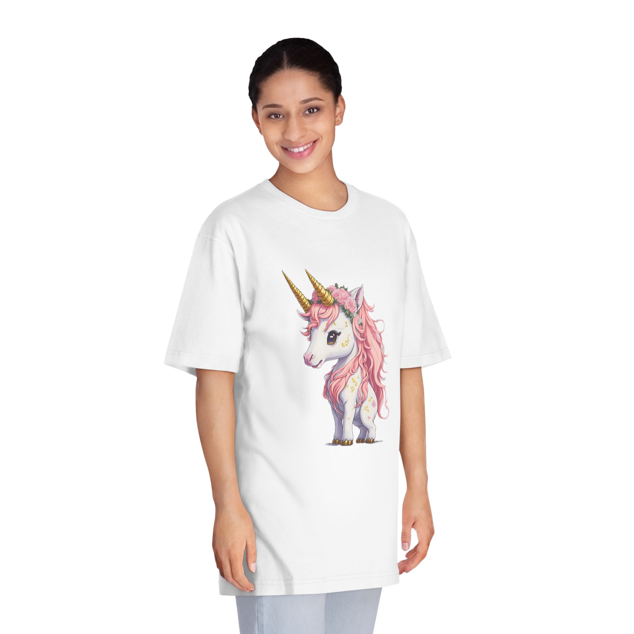 Pink Baby Unicorn Cartoon With Gold Horn Generative Ai (1) Unisex Classic Crewneck T Shirt - Image 3