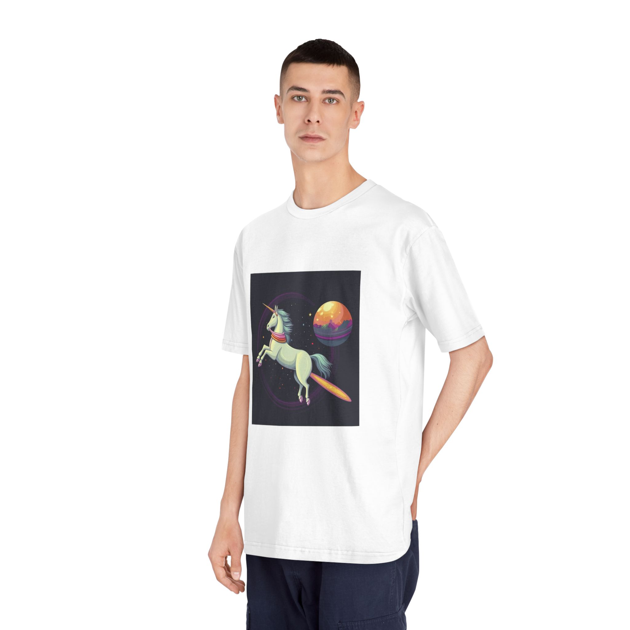 Unicorn With Long Tail Is Flying Through Circle With Moon Stars Unisex Classic Crewneck T Shirt - Image 4