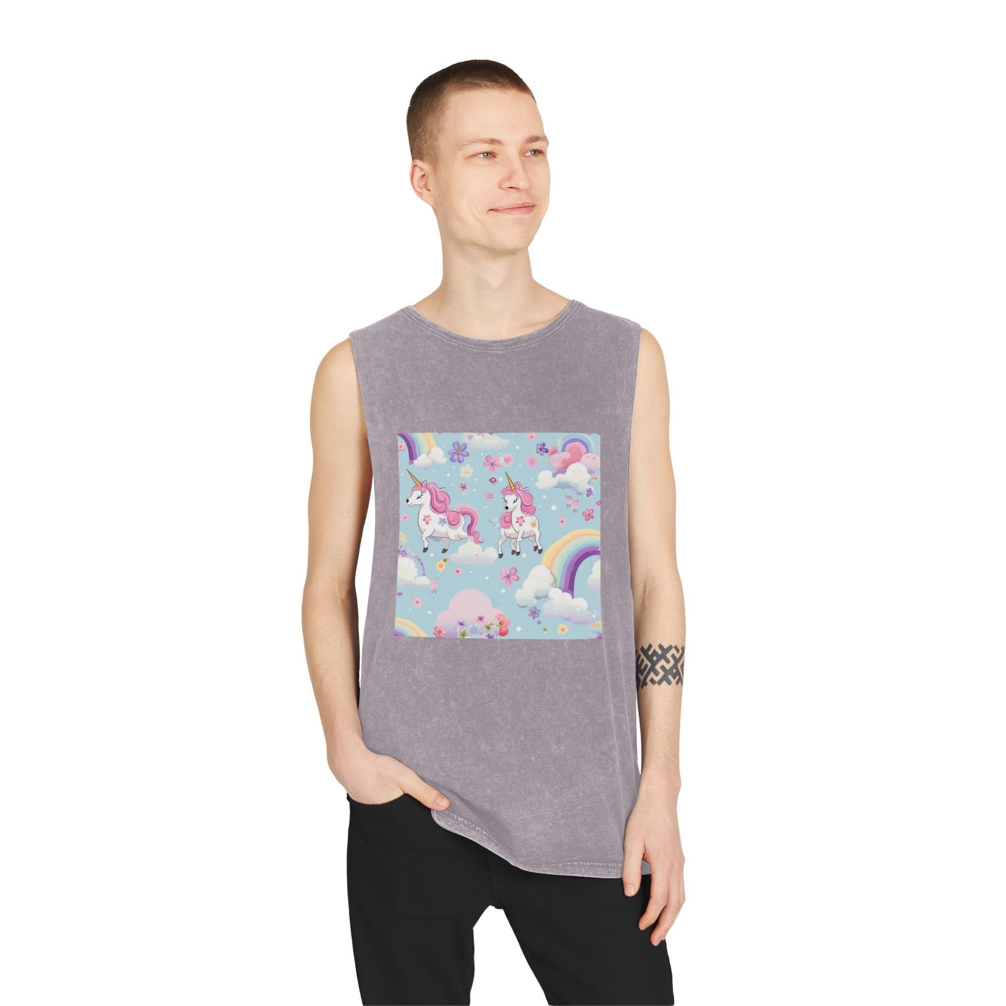 Playful Unicorns Among Flowers Clouds Rainbows Ice Creams Pastel Background Unisex Stonewash Tank Top - Image 19