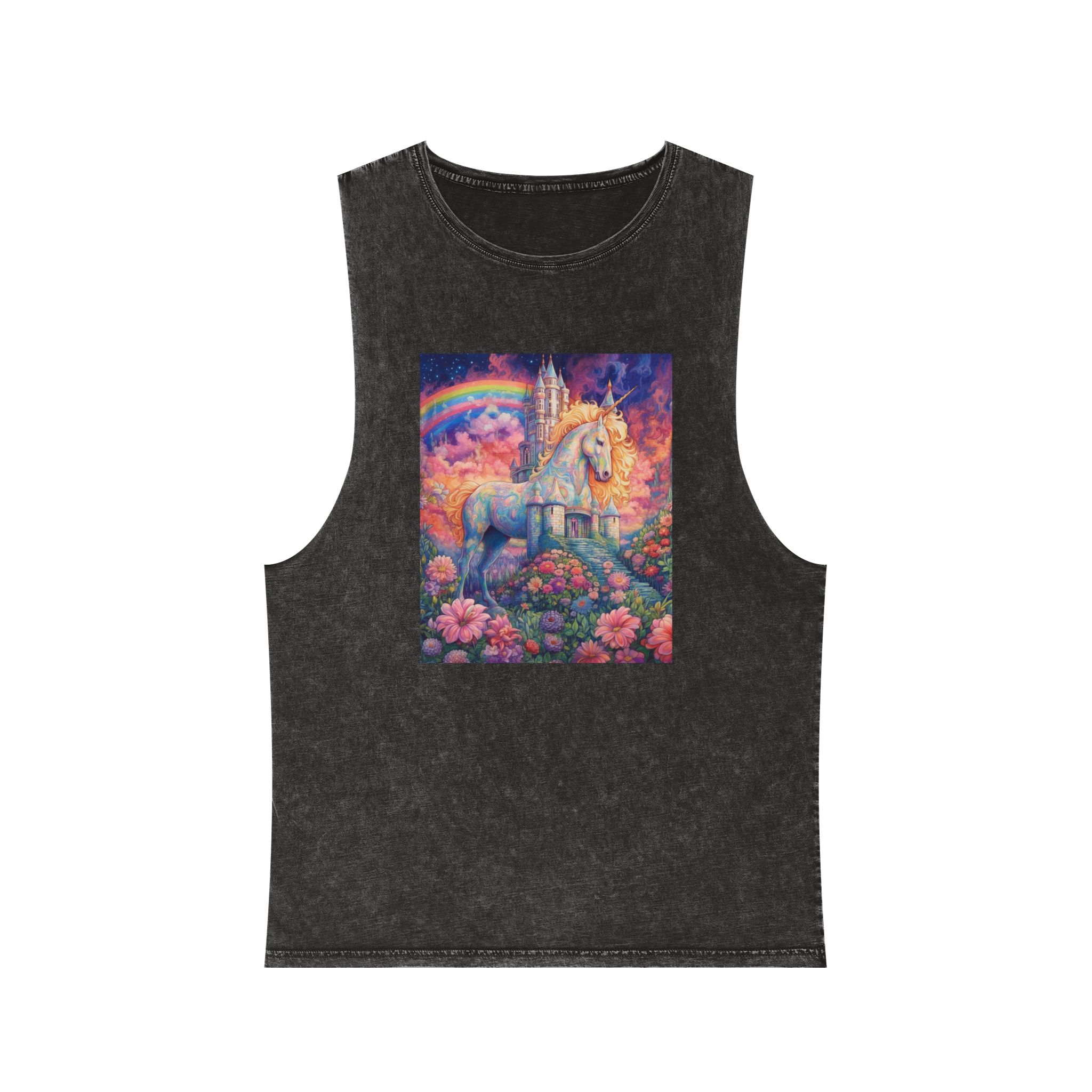 Painting Unicorn Field Flowers With Castle Background Generative Ai Unisex Stonewash Tank Top