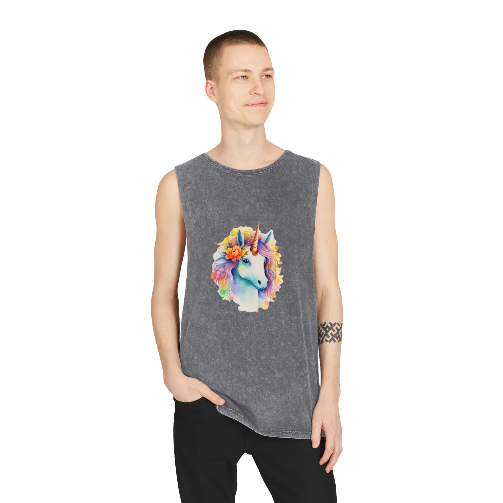 Painting Unicorn With Flower Crown Its Head Generative Ai Unisex Stonewash Tank Top - Image 11