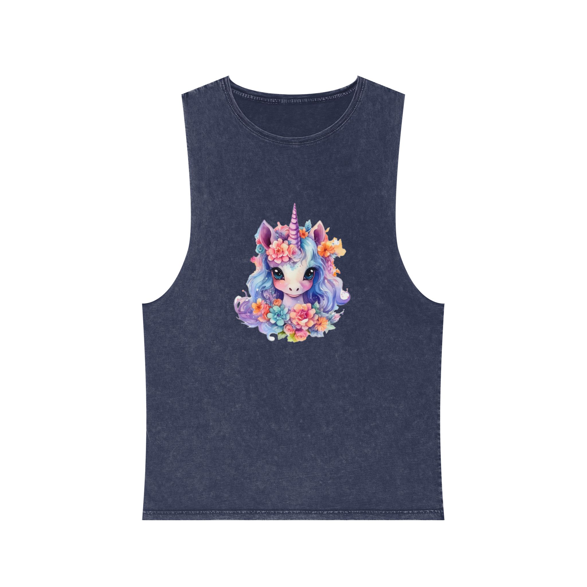 Cute Colorful Magic Unicorn With Flowers Watercolor Style (9) Unisex Stonewash Tank Top - Image 13