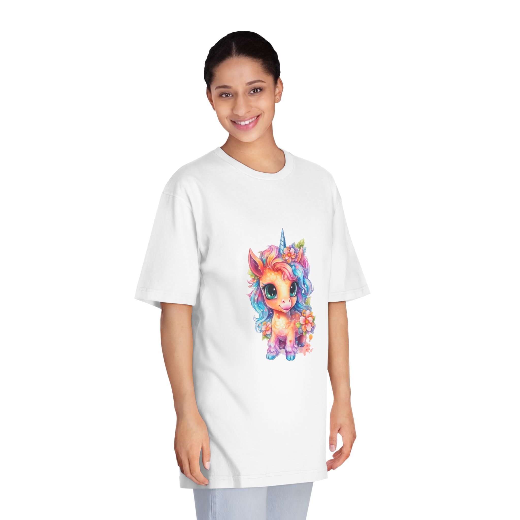 Cute Colorful Magic Unicorn With Flowers Watercolor Style (1) Unisex Classic Crewneck T Shirt - Image 3