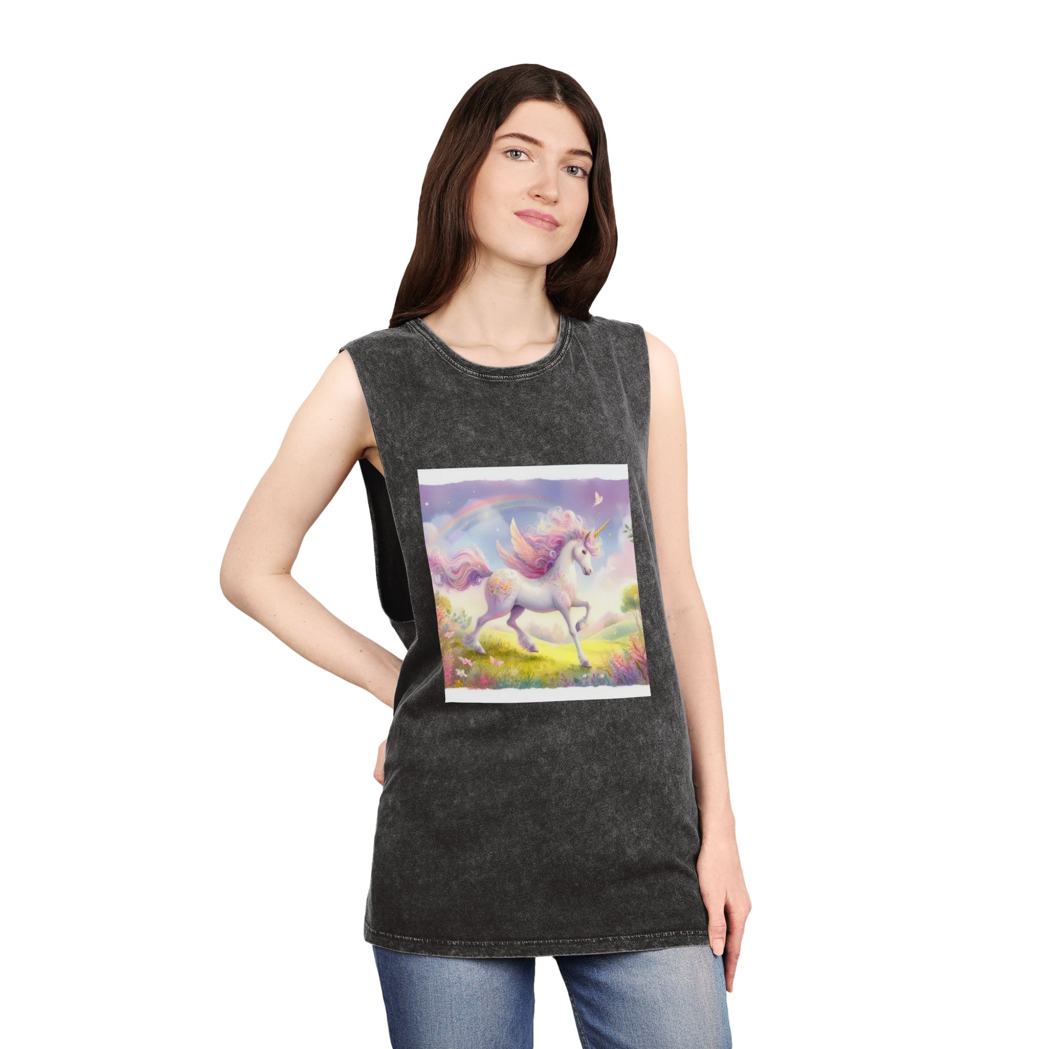 Beautiful Unicorn Running Magical Meadow Unicorn Background Images Whimsical Unicorn (10) Unisex Stonewash Tank Top - Image 4