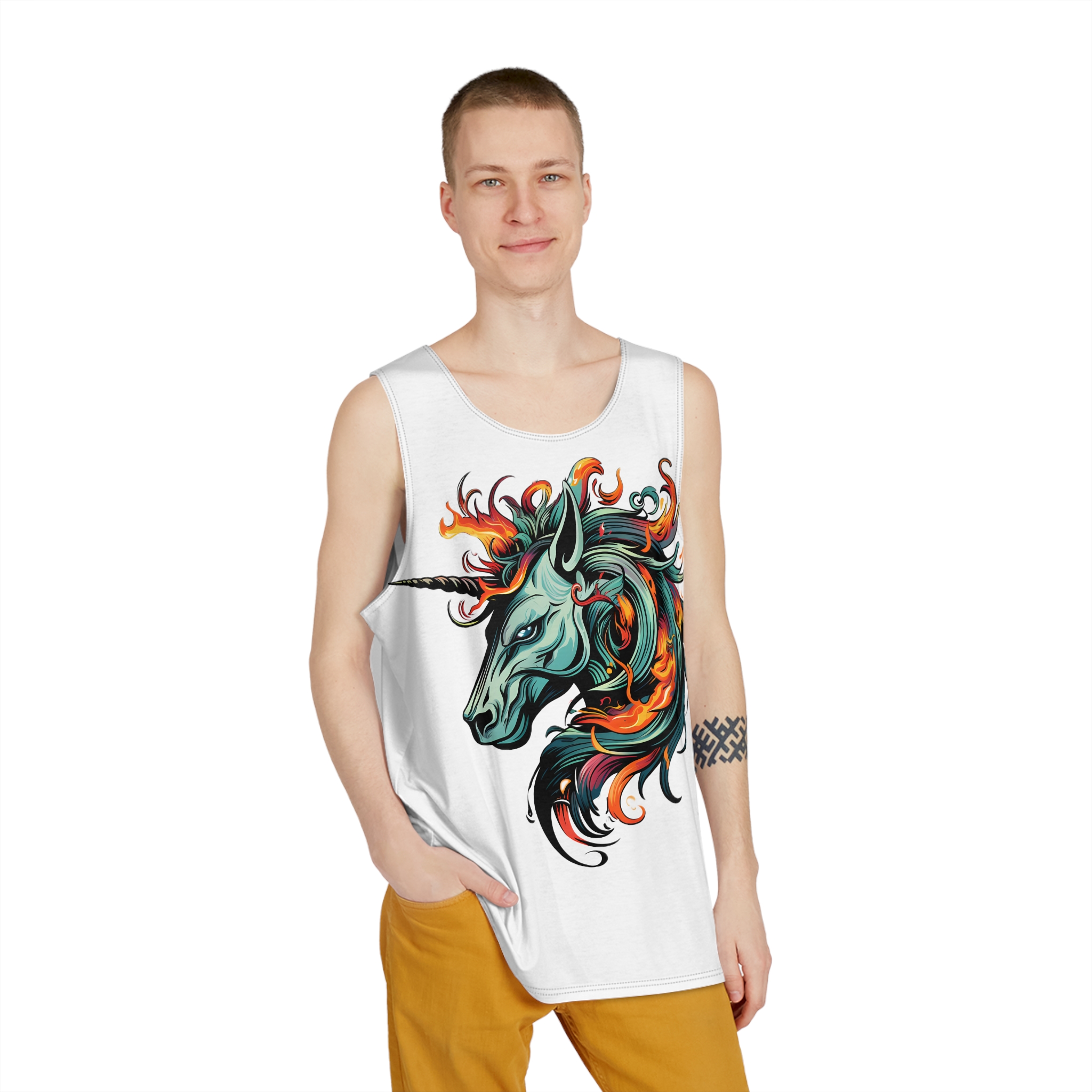 Unicorn Head Tshirt Tattoo Design Dark Art Illustration Isolated White (1) Mens Tank Aop - Image 3