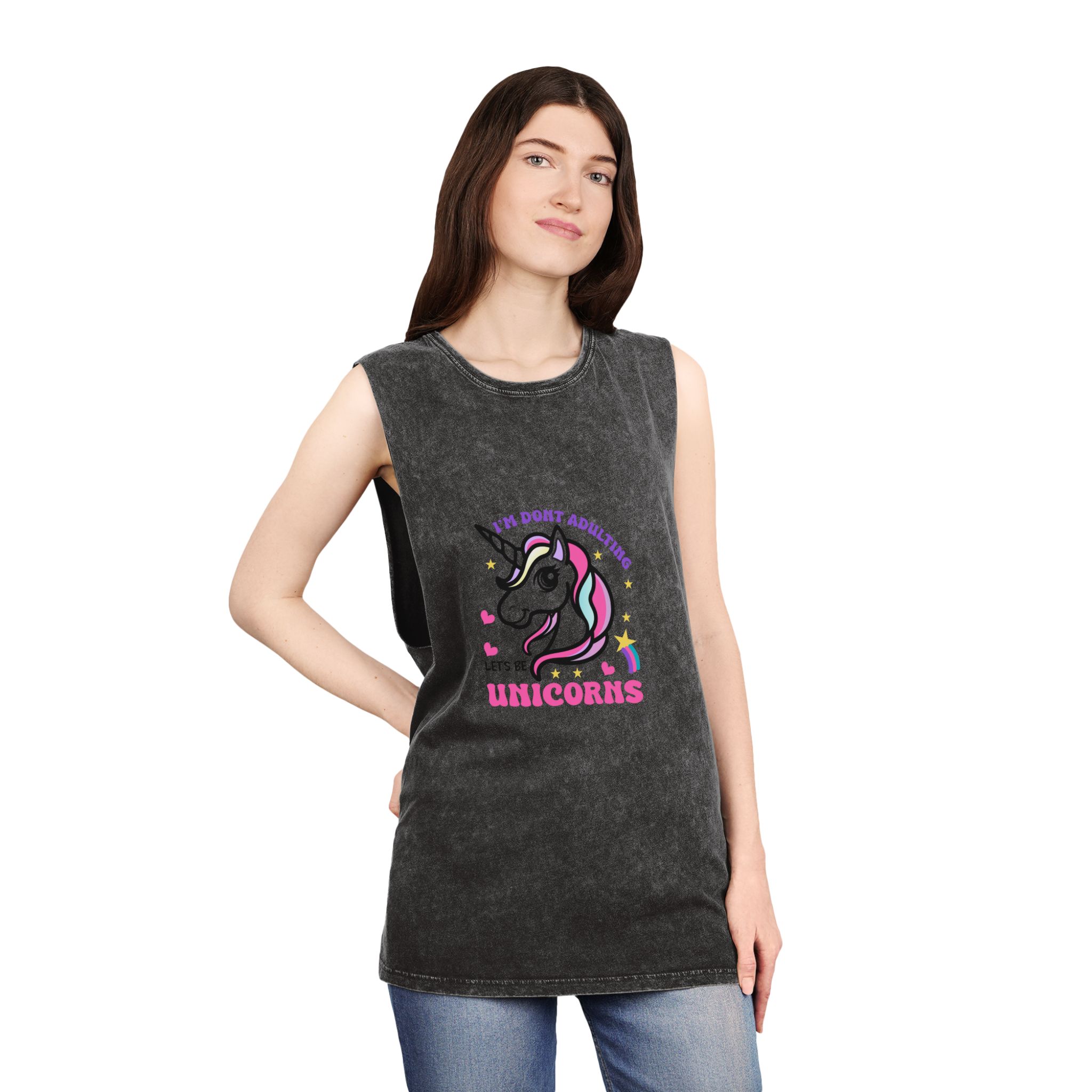 Cute Unicorn Illustration With Rainbow Stars Hearts Unisex Stonewash Tank Top - Image 4