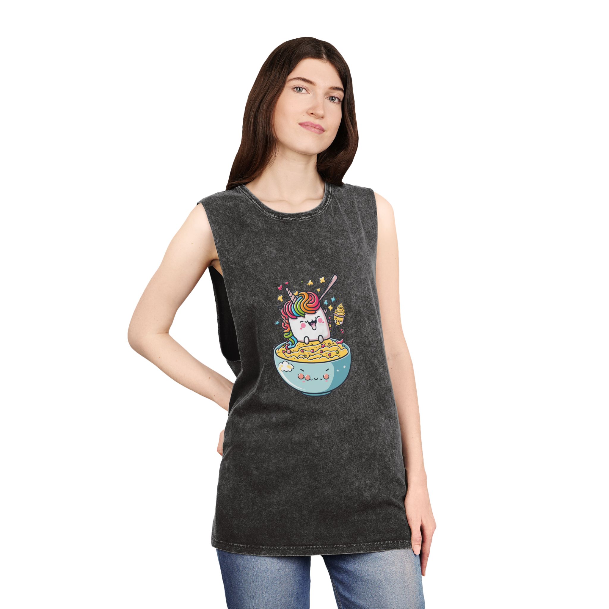 Cute Kawaii Unicorn Graphic Eating Ramen Unisex Stonewash Tank Top - Image 4