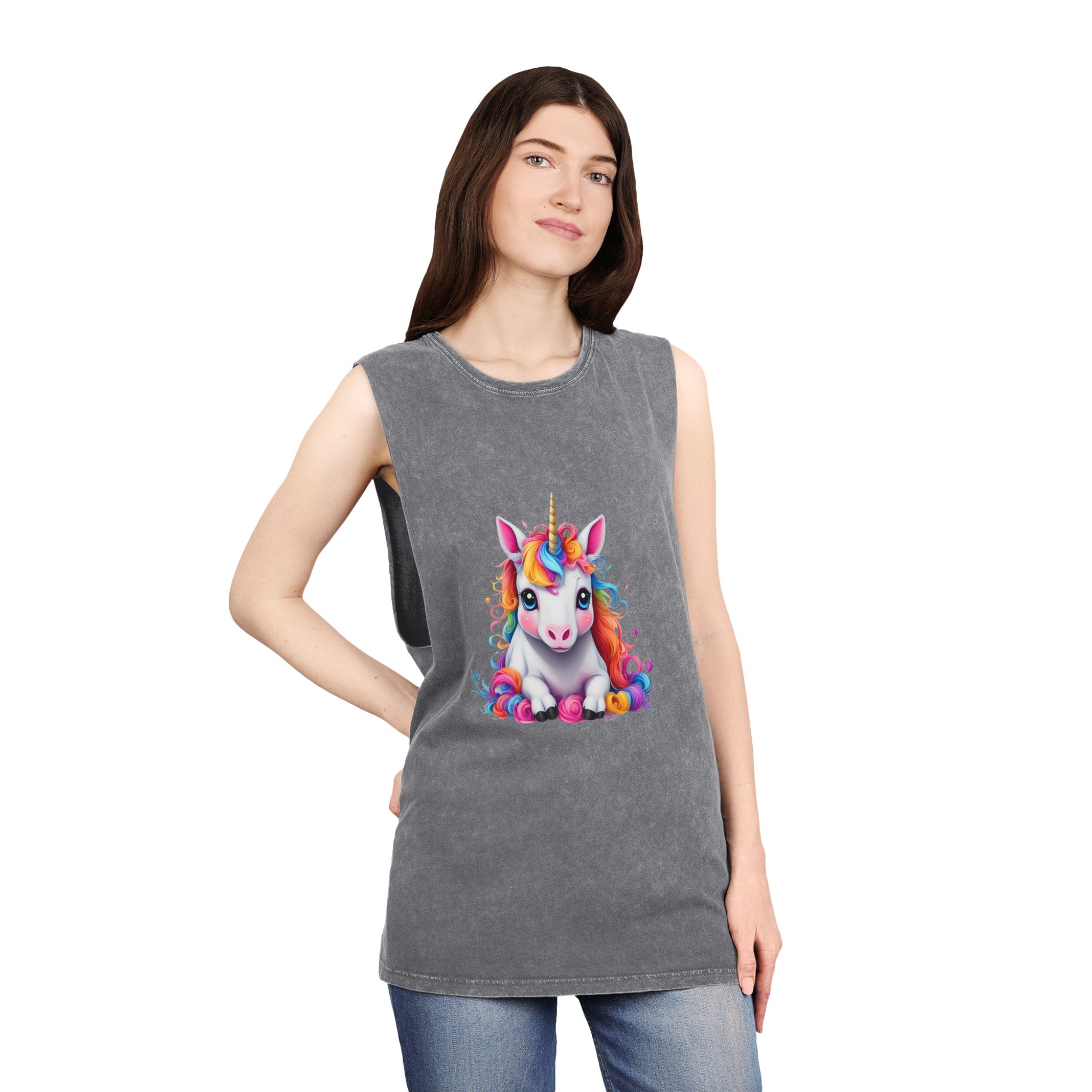 Cute Unicorn With Colorful Hair Isolated White Background Unisex Stonewash Tank Top - Image 12