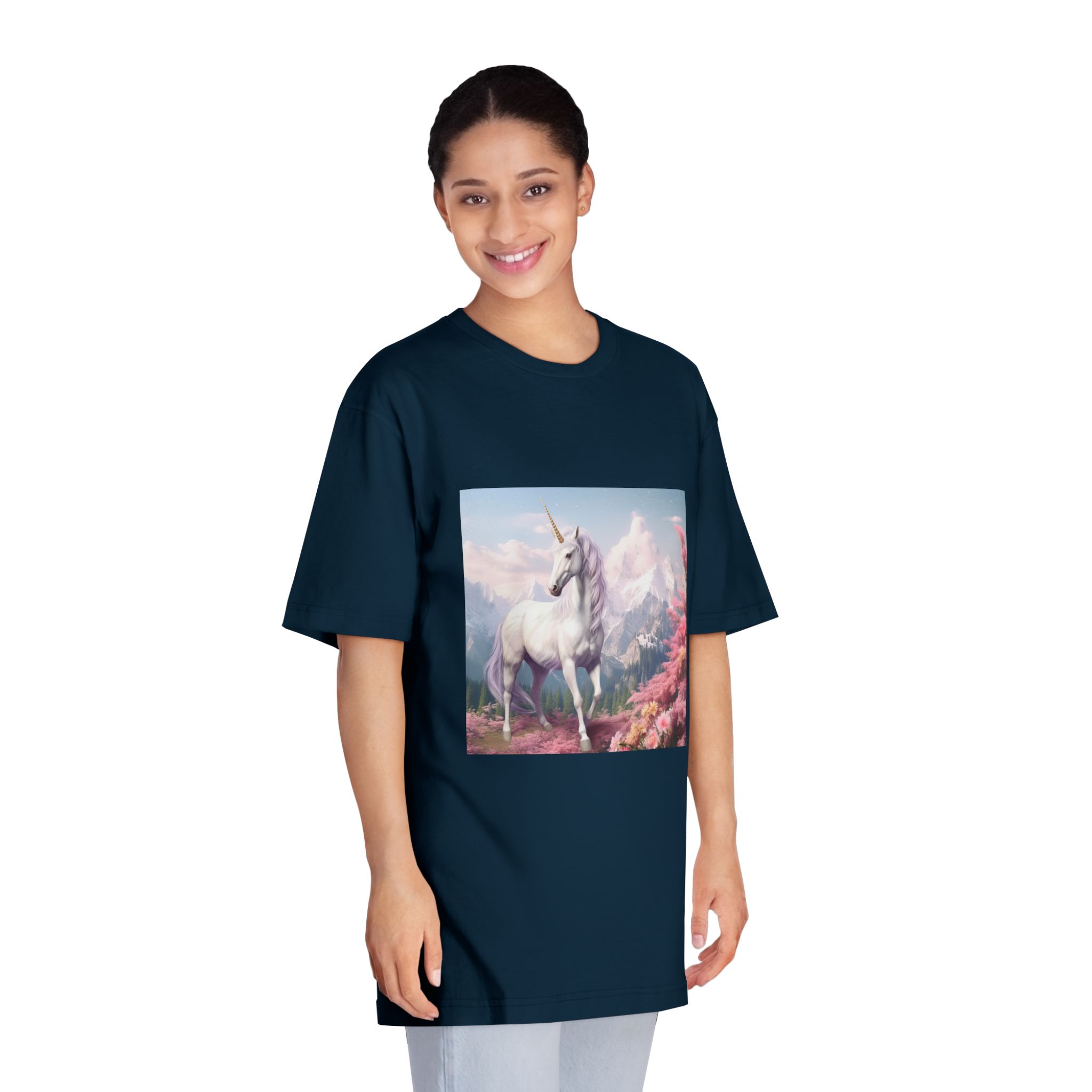 Unicorn Standing Field Flowers With Mountains Background Generative Ai Unisex Classic Crewneck T Shirt - Image 19