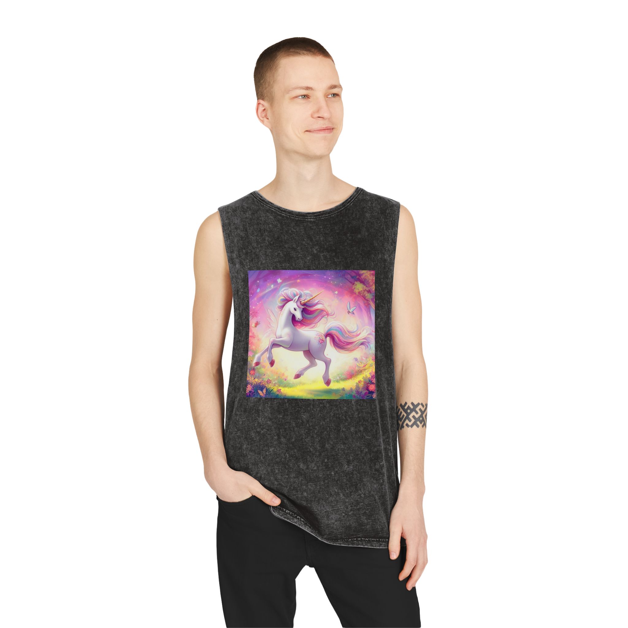 Beautiful Unicorn Running Magical Meadow Unicorn Background Images Whimsical Unicorn (2) Unisex Stonewash Tank Top - Image 3