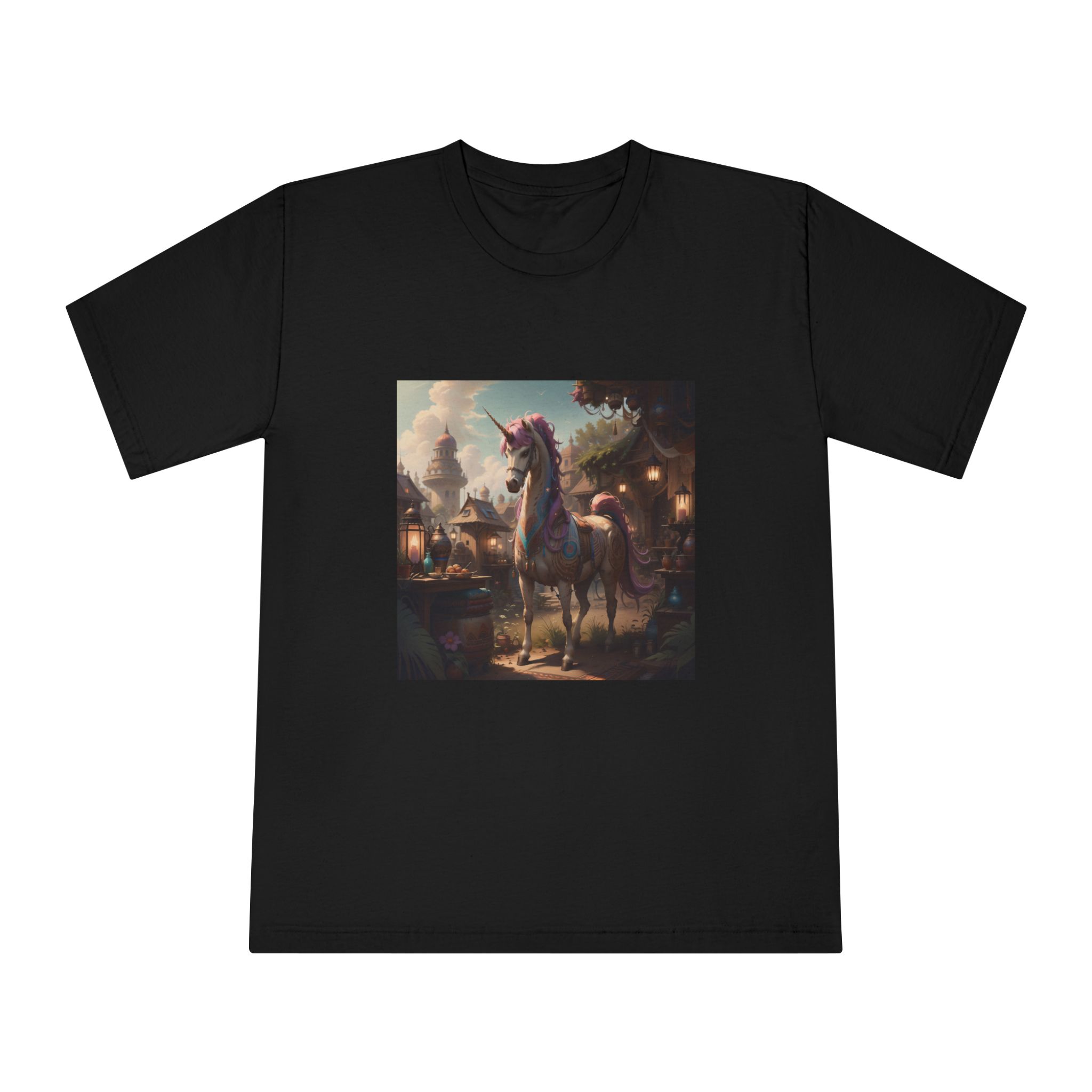 Unicorn With Purple Mane Stands Front Small Town With Lamp Post Unisex Classic Crewneck T Shirt - Image 5