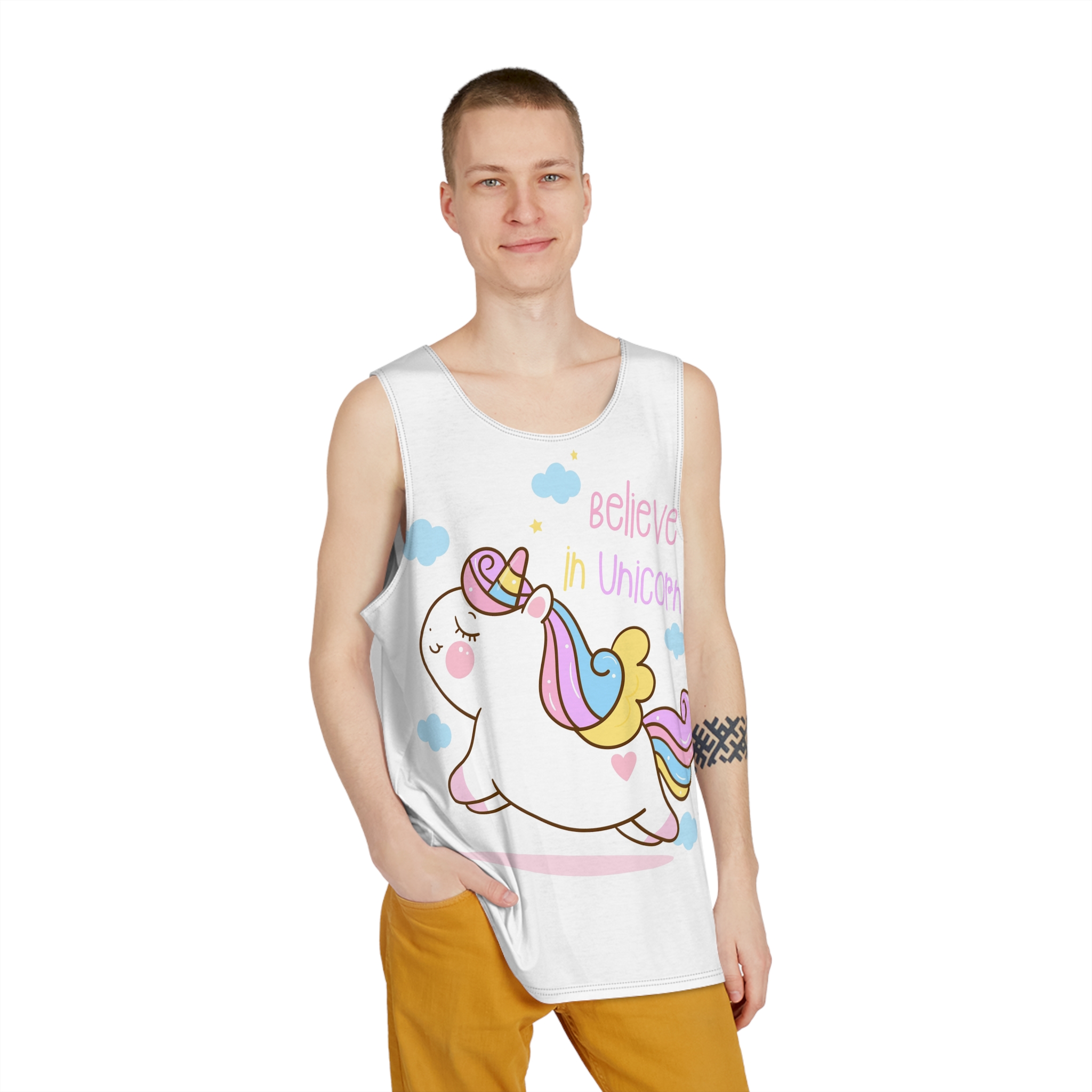 Cute Unicorn Cartoon Jump Air Flat Style Mens Tank Aop - Image 3
