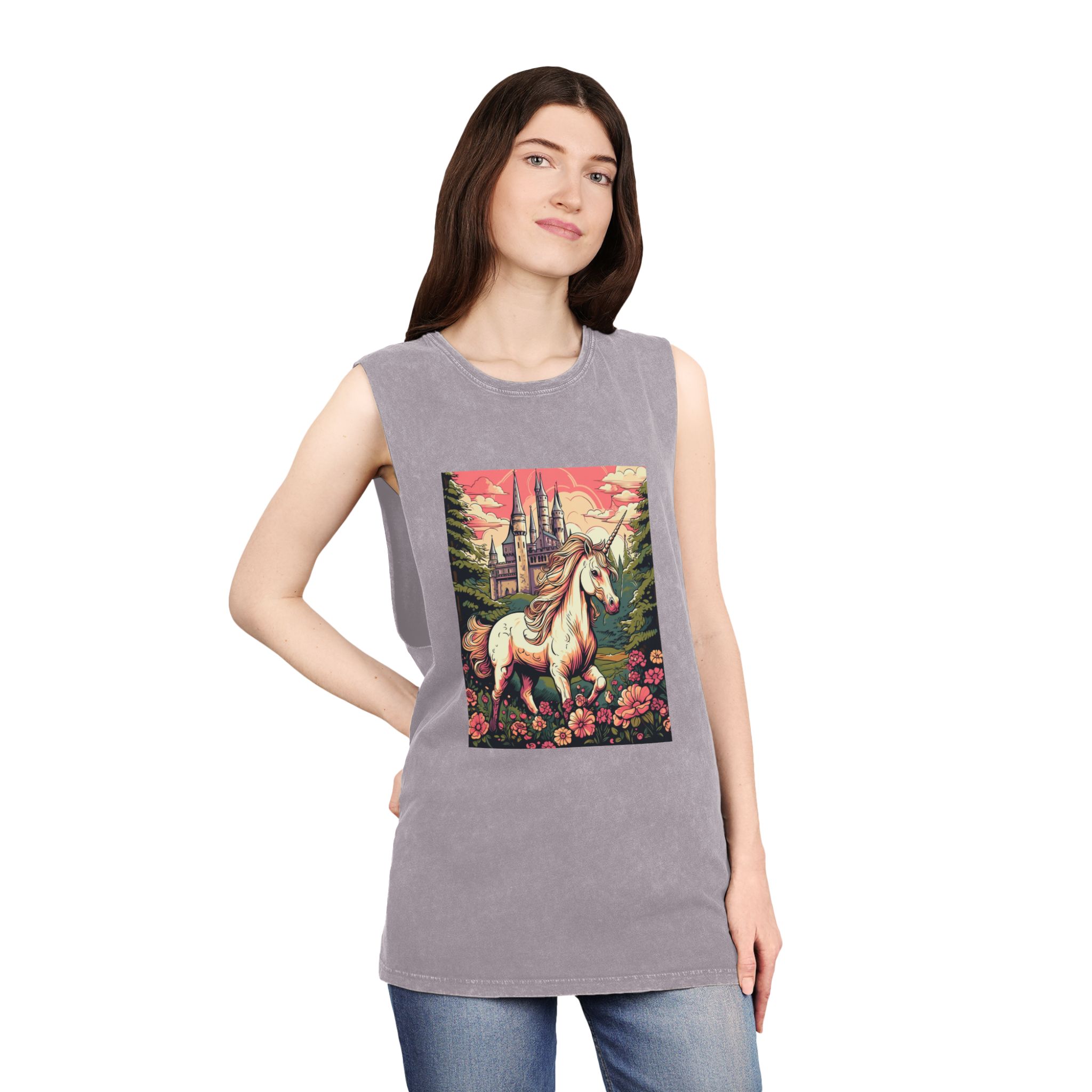 Unicorn Front Castle With Flowers Trees Generative Ai Unisex Stonewash Tank Top - Image 20