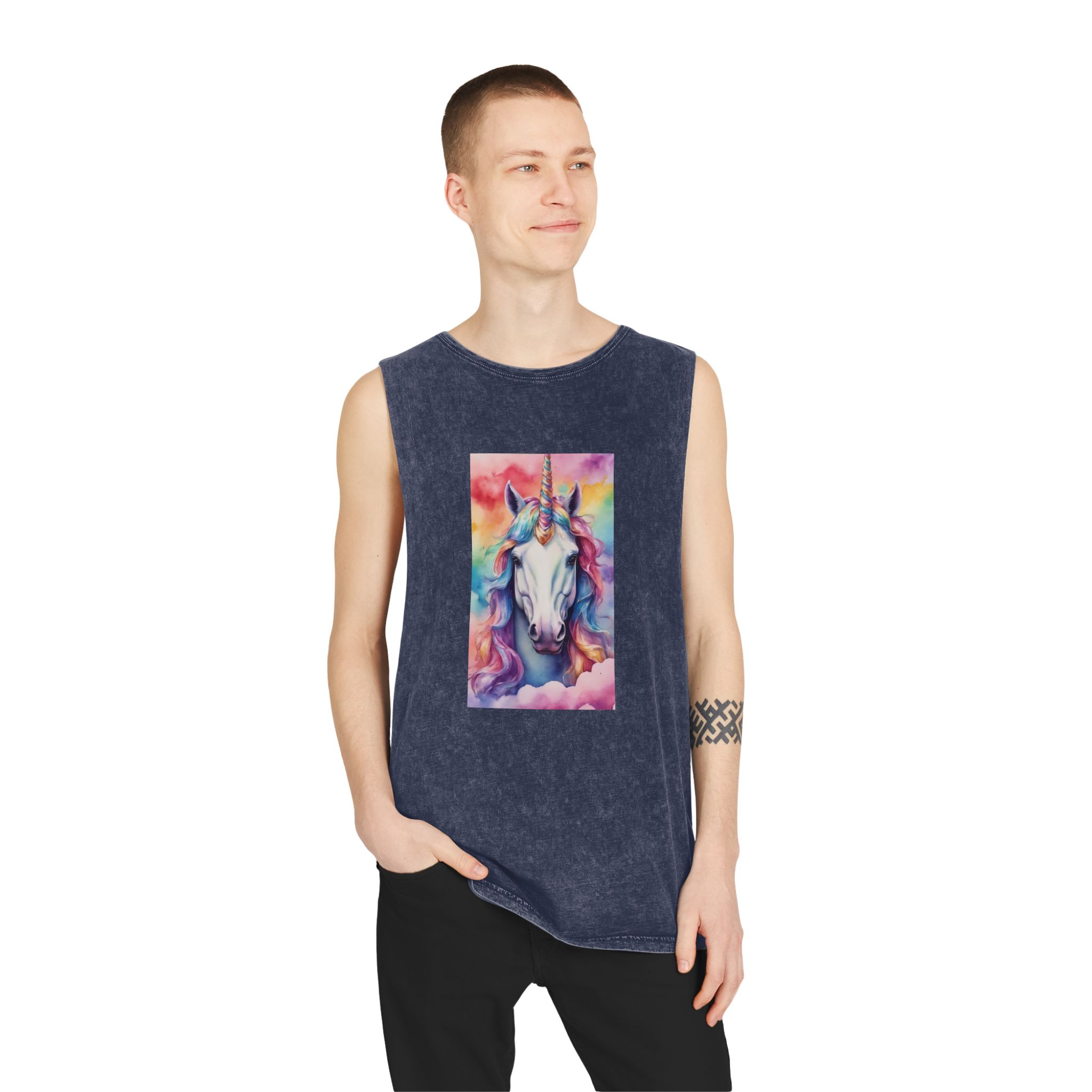 Rainbow Pastel Unicorn Candy Watercolor Background Social Media Template Etc Unisex Stonewash Tank Top - Image 15