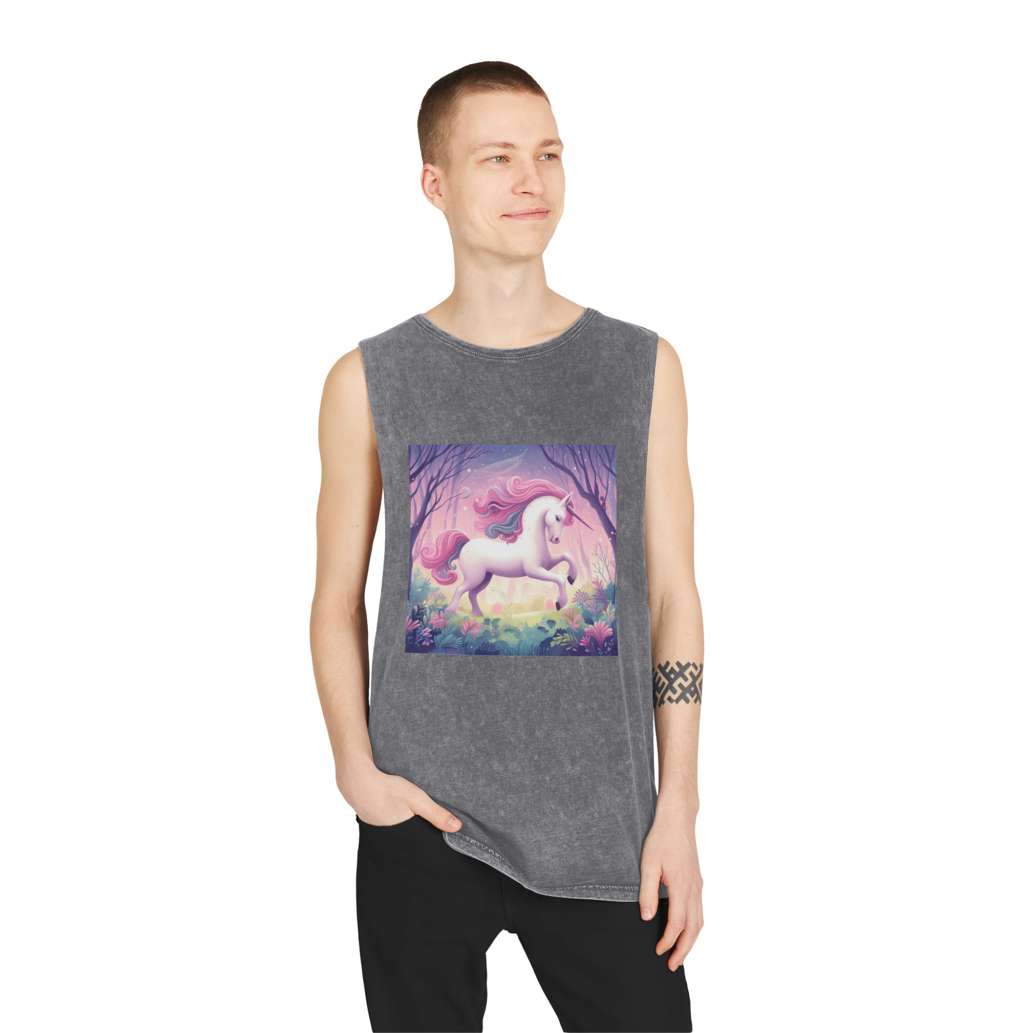 Beautiful Unicorn Running Magical Meadow Unicorn Background Images Whimsical Unicorn (25) Unisex Stonewash Tank Top - Image 11