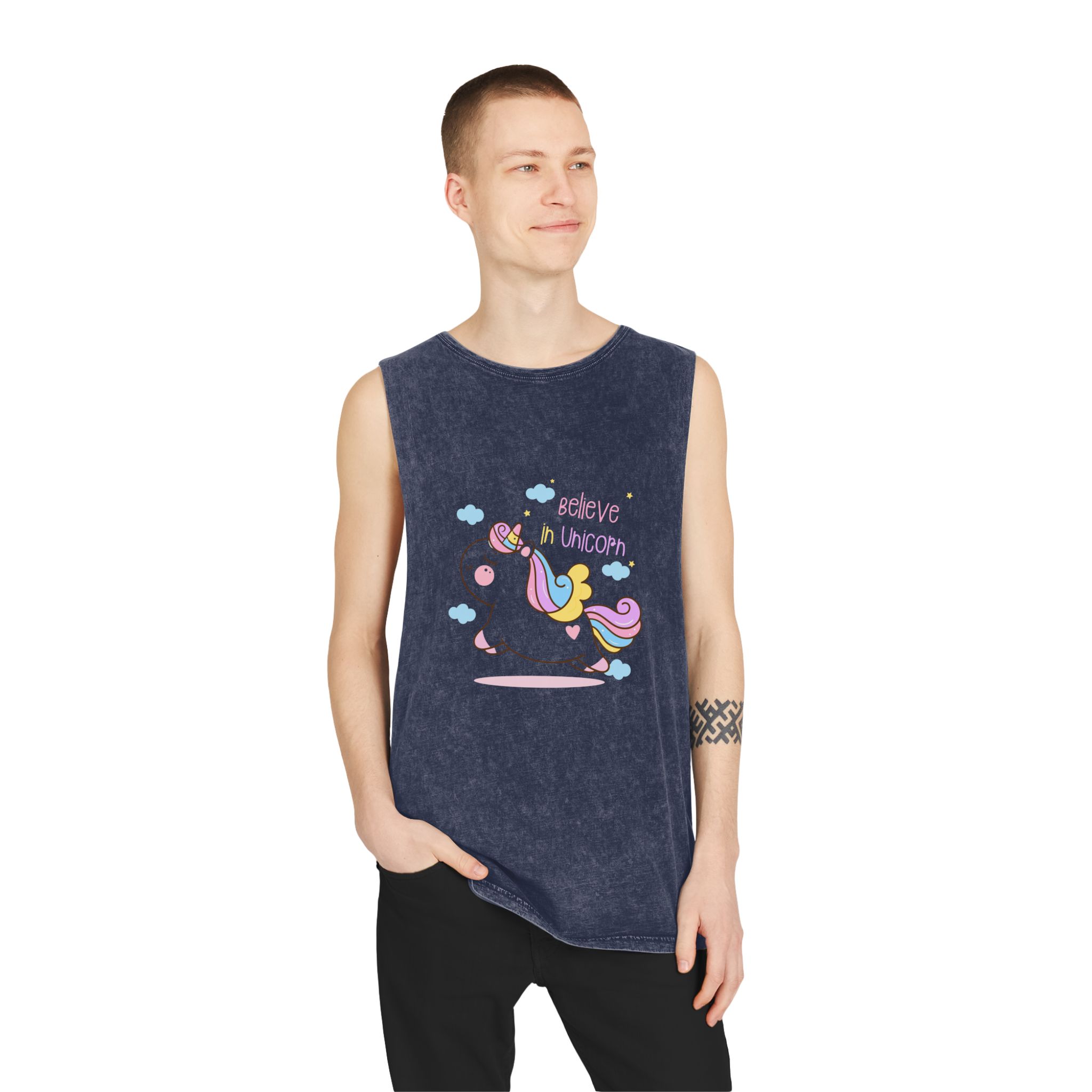 Cute Unicorn Cartoon Jump Air Flat Style Unisex Stonewash Tank Top - Image 15