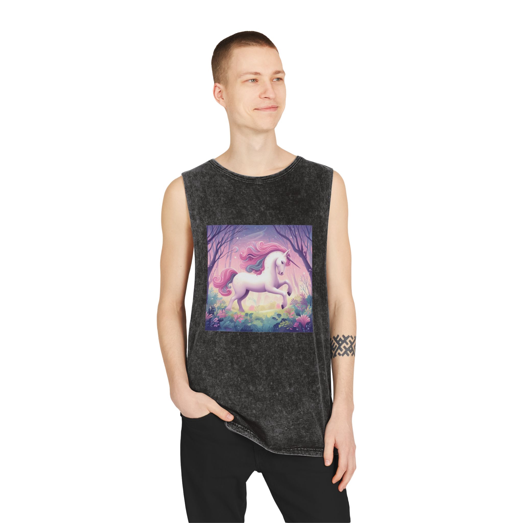 Beautiful Unicorn Running Magical Meadow Unicorn Background Images Whimsical Unicorn (4) Unisex Stonewash Tank Top - Image 3