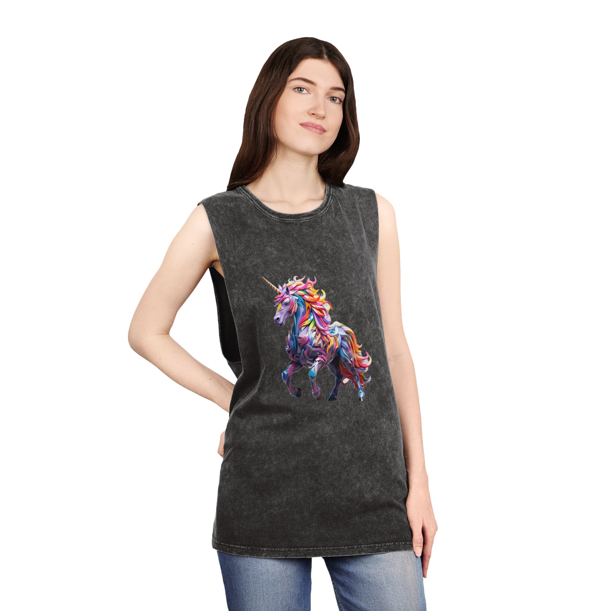Colorful 3d Mythical Unicorn (4) Unisex Stonewash Tank Top - Image 4