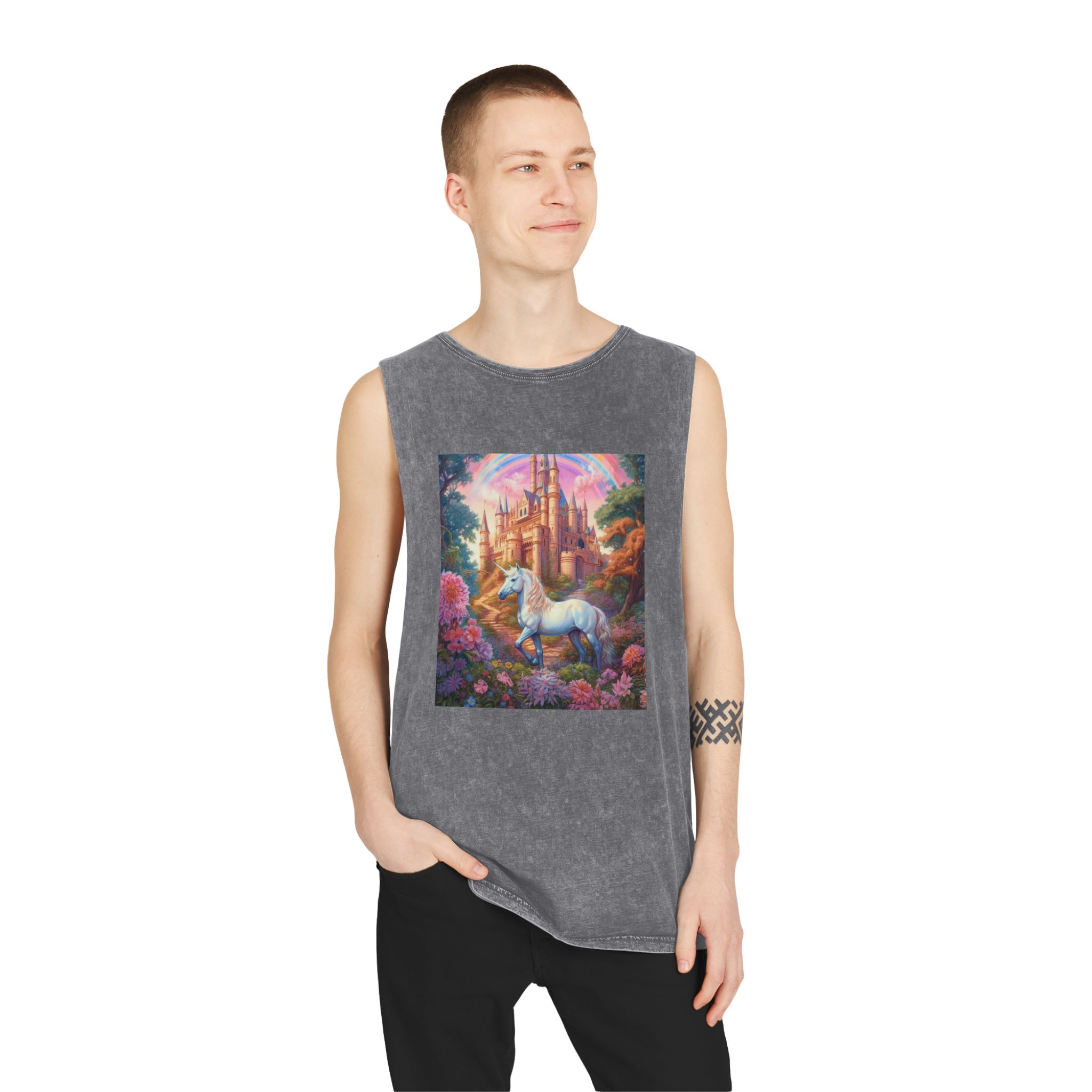 Painting Unicorn Front Castle With Rainbow Generative Ai Unisex Stonewash Tank Top - Image 11