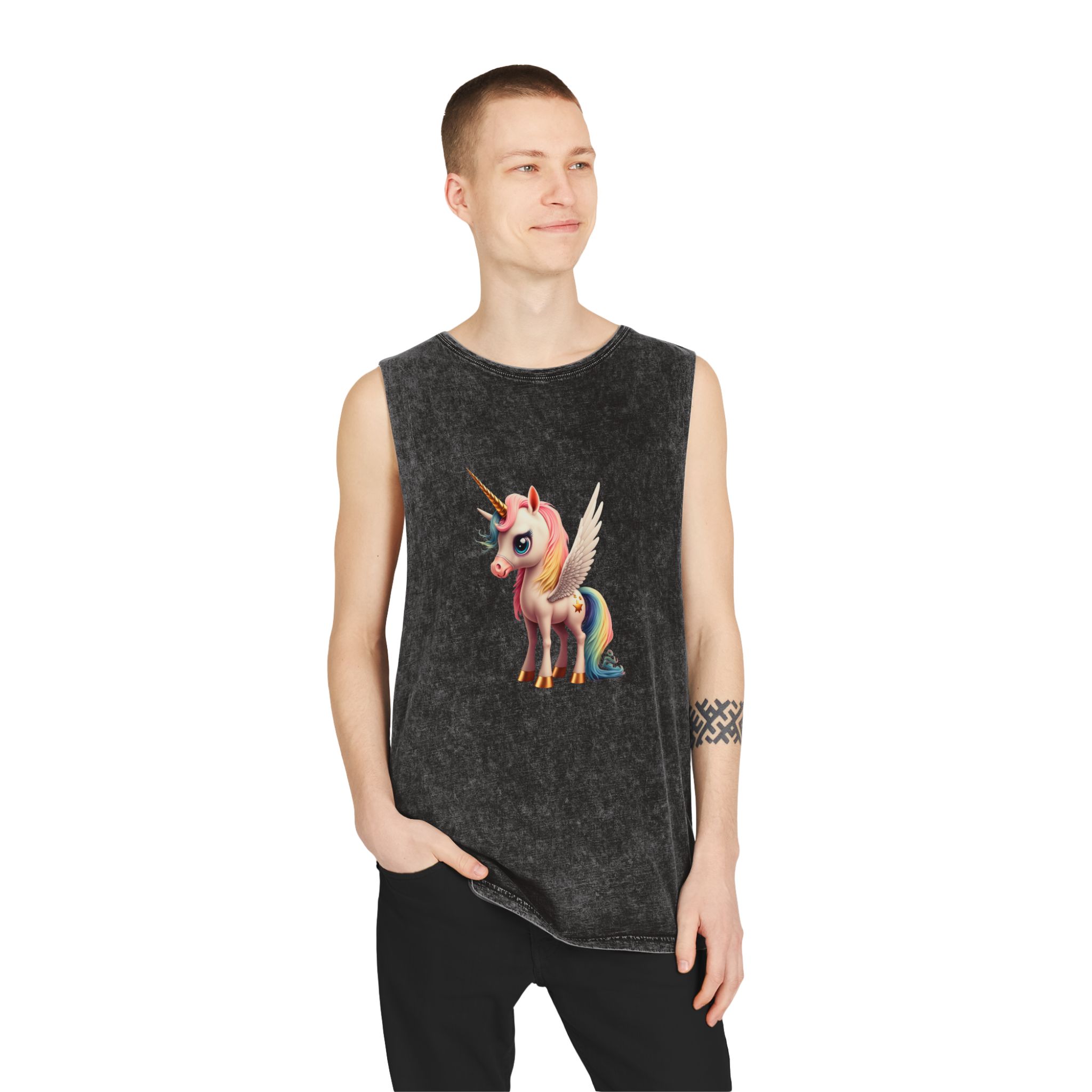 Cartoon Unicorn With Wings Pink Background Generative Ai Unisex Stonewash Tank Top - Image 3