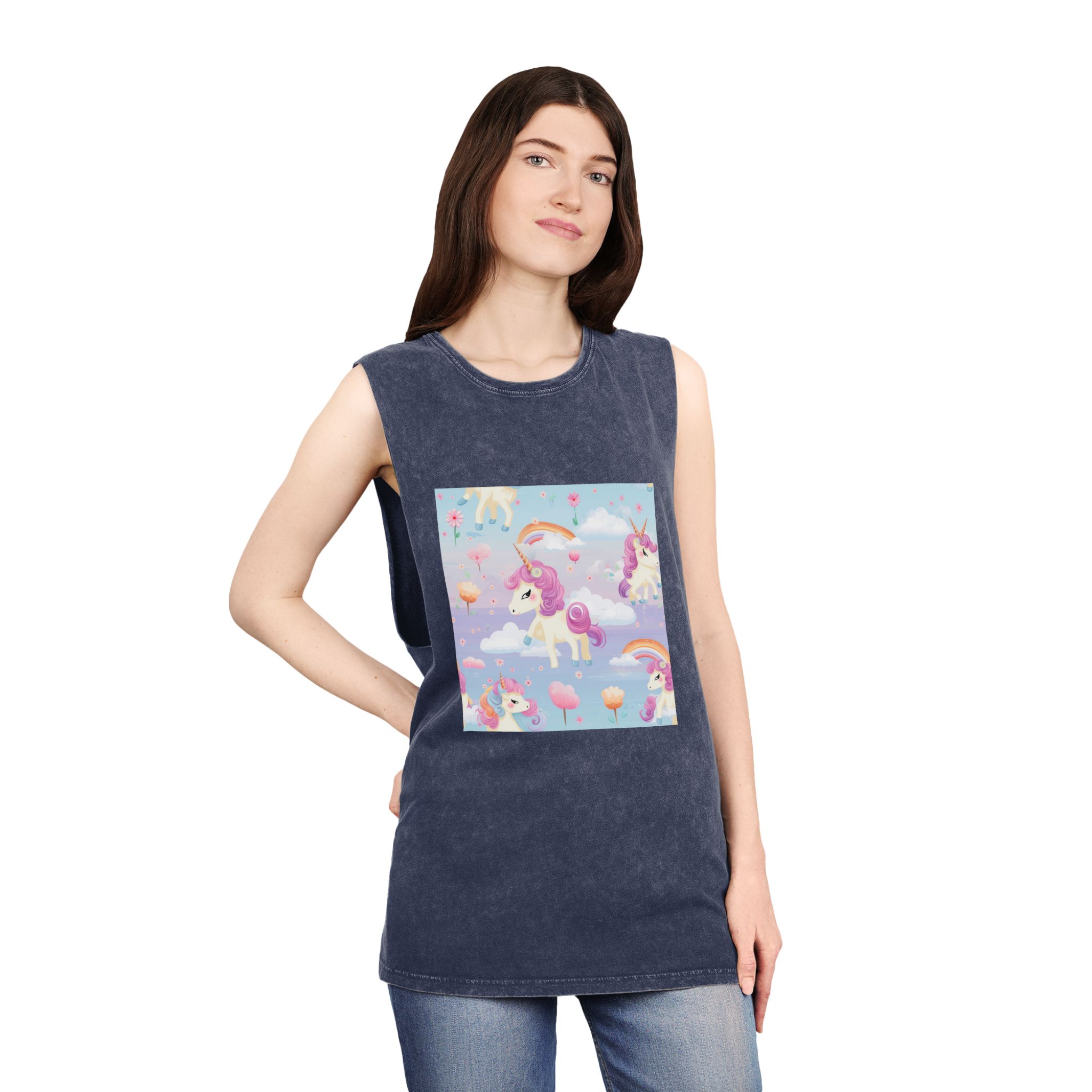 Playful Unicorns Flowers Clouds Rainbows Ice Creams Pastel Background (5) Unisex Stonewash Tank Top - Image 16