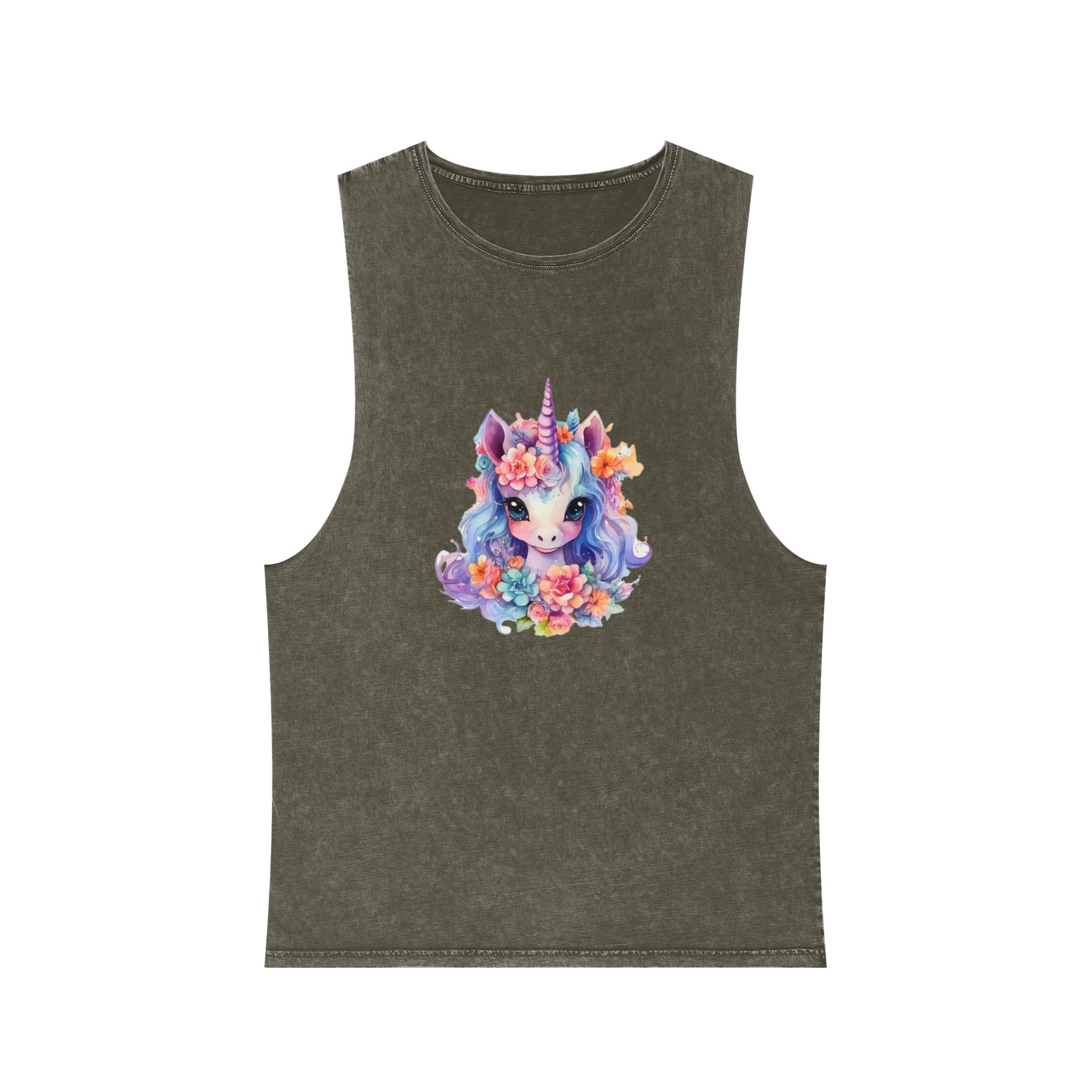 Cute Colorful Magic Unicorn With Flowers Watercolor Style (9) Unisex Stonewash Tank Top - Image 5