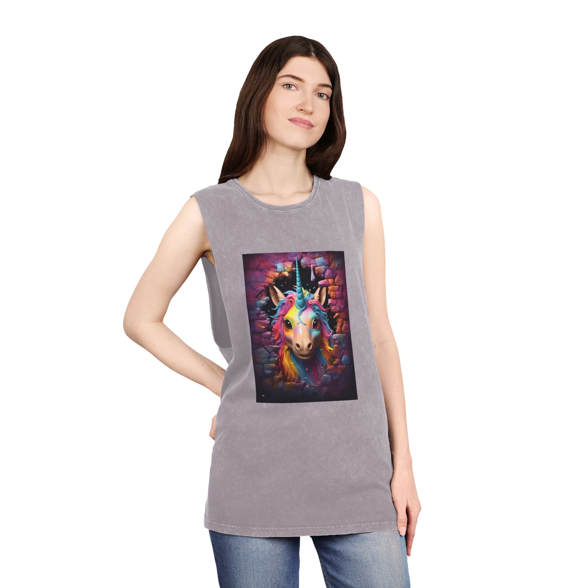 Cute Unicorn Cartoon Looking Through Wall Poster Illustration Kids Unisex Stonewash Tank Top - Image 20