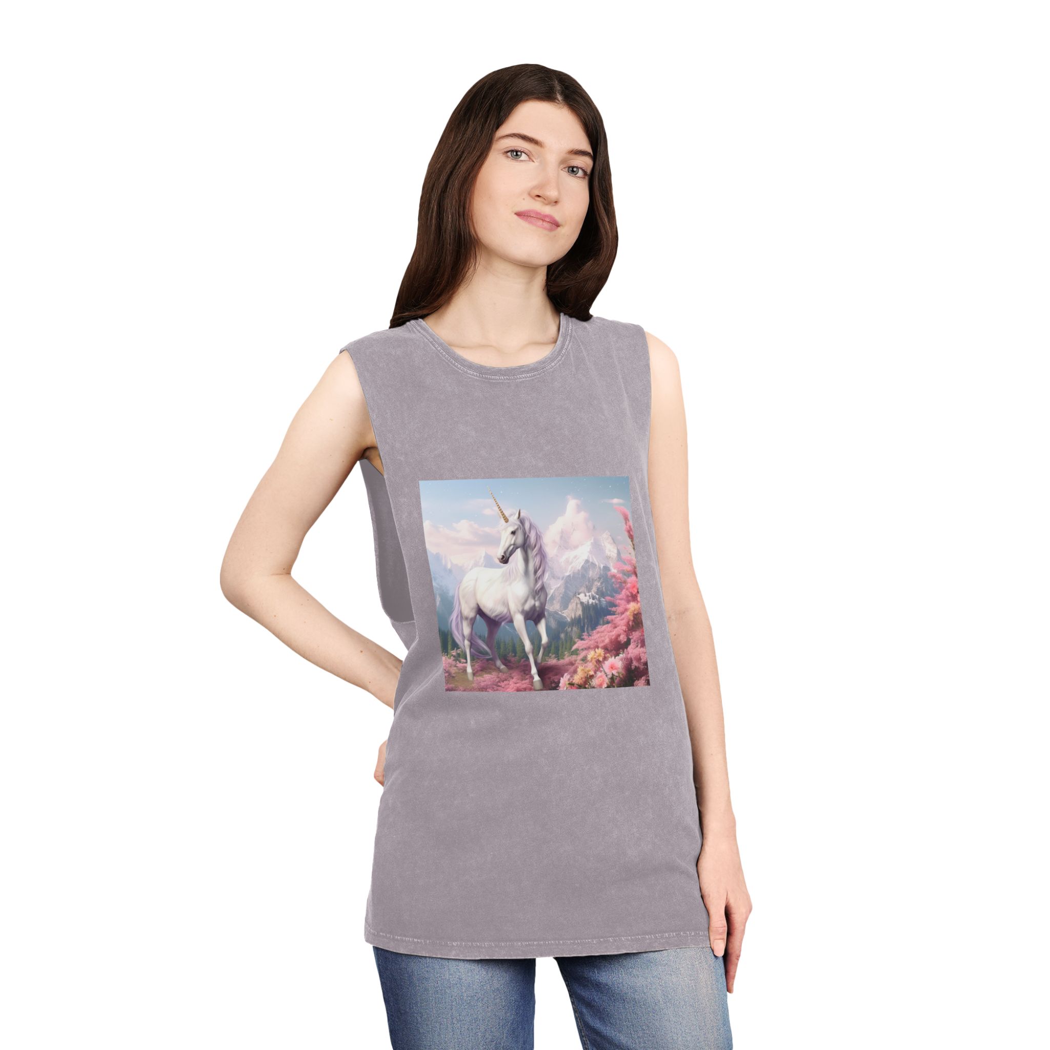 Unicorn Standing Field Flowers With Mountains Background Generative Ai Unisex Stonewash Tank Top - Image 20
