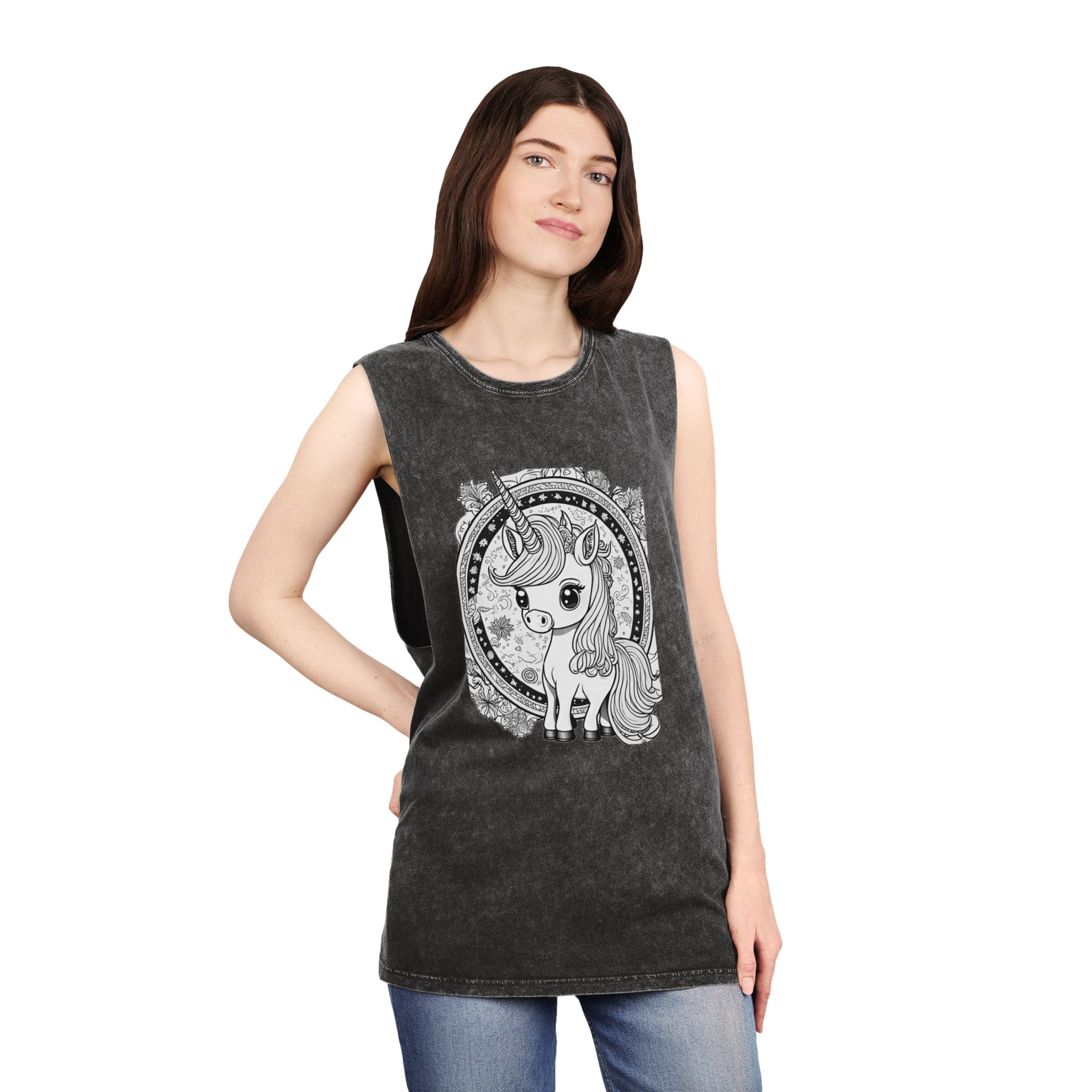 Adorable Unicorn Illustrations Kids Unisex Stonewash Tank Top - Image 4