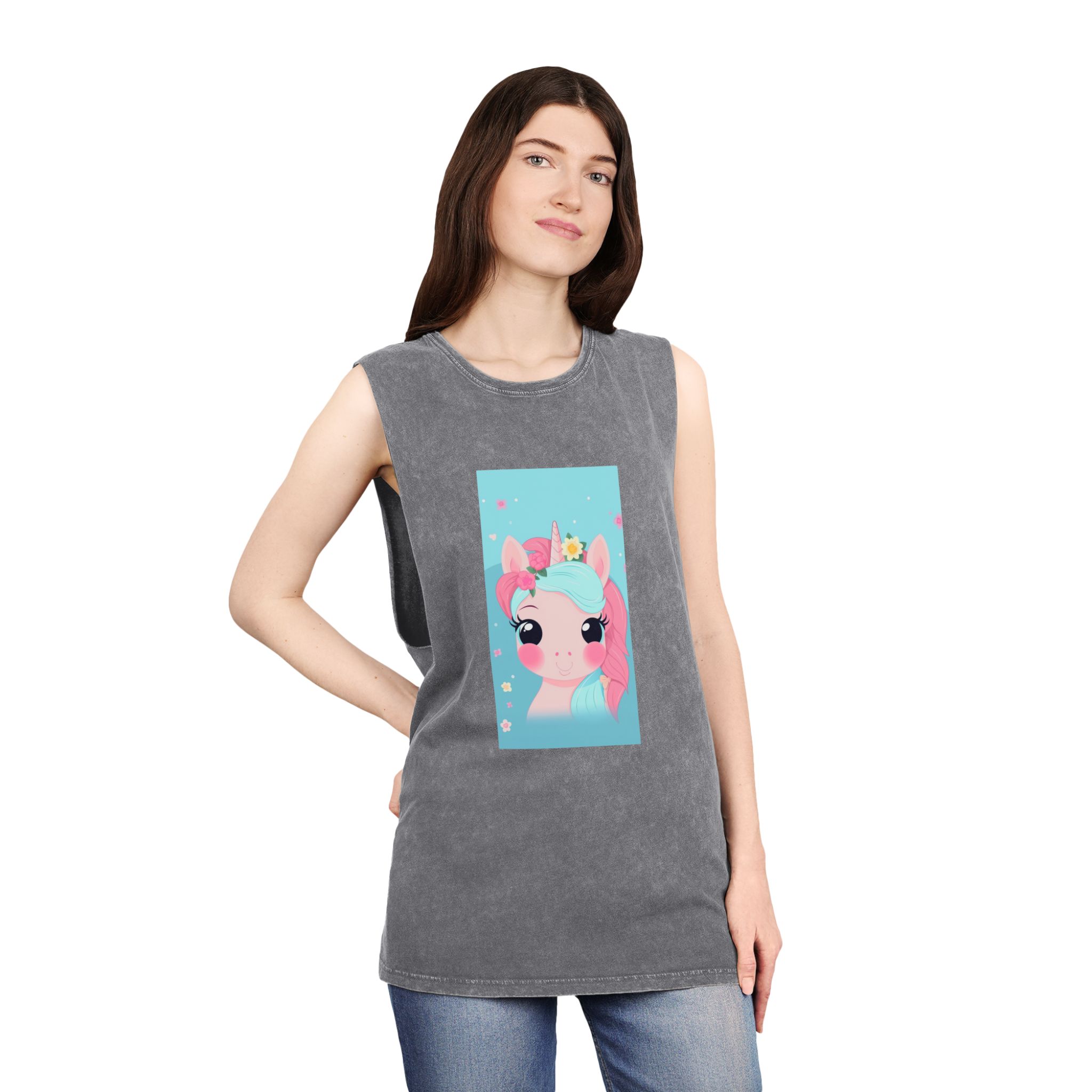 Close Up Cartoon Unicorn With Flower Crown Her Head Generative Ai Unisex Stonewash Tank Top - Image 12