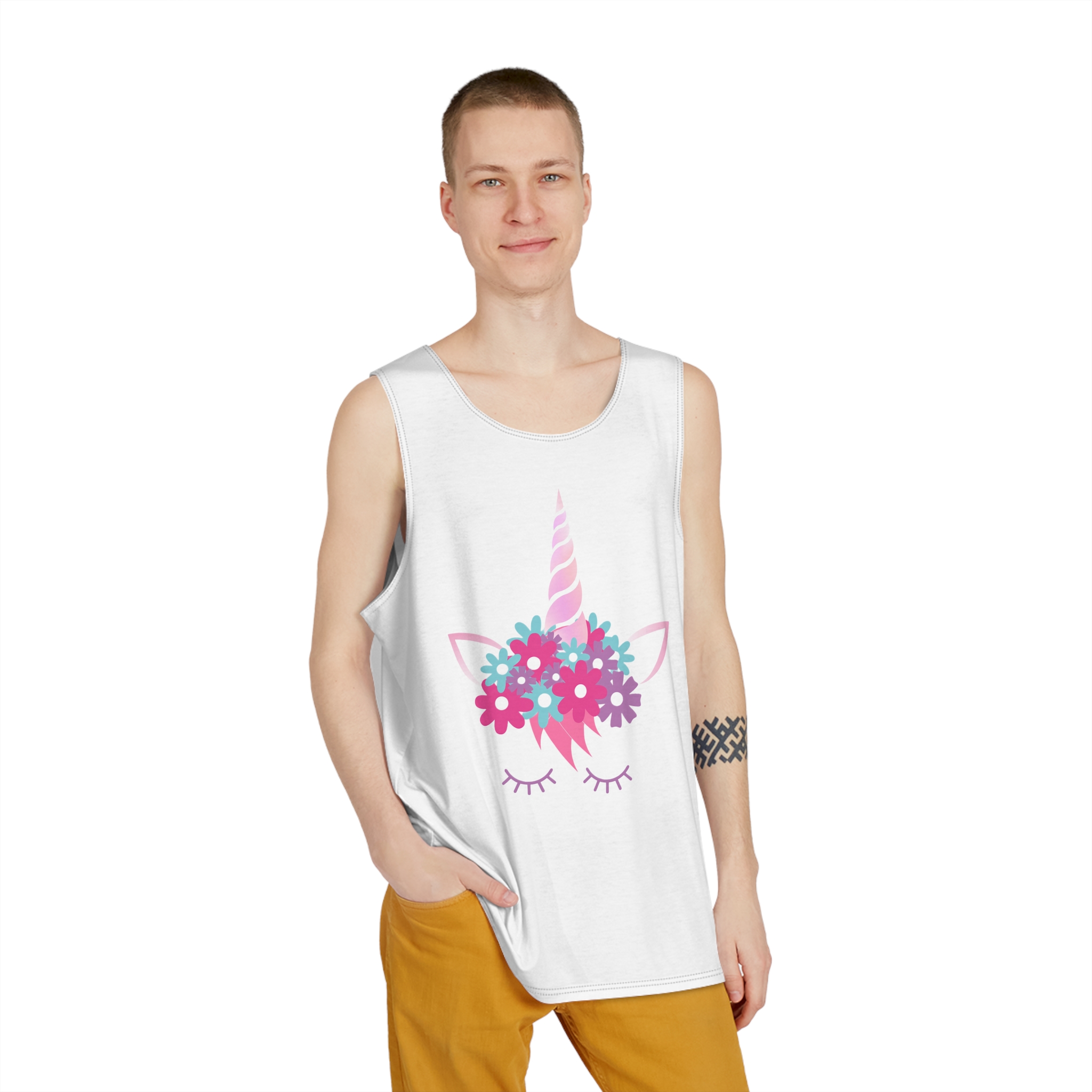 Unicorn Face Flowers Pink Mens Tank Aop - Image 3