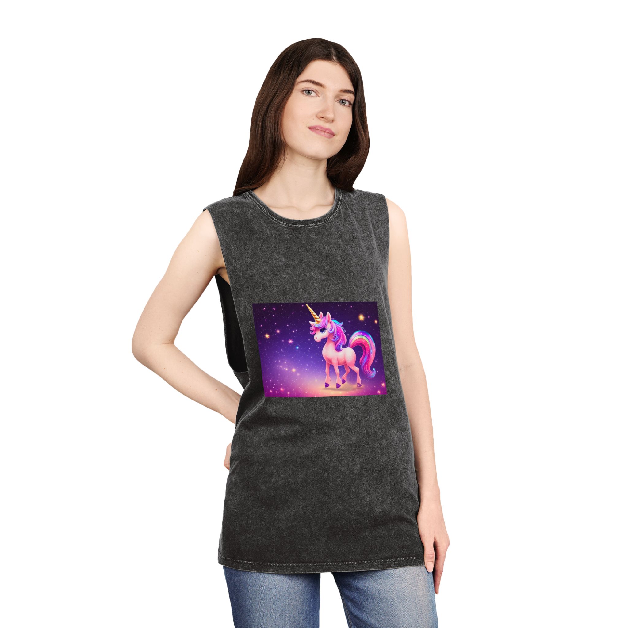 Cute Colorful Magical Adorable Kawaii Unicorn Sparles Violet Background Unisex Stonewash Tank Top - Image 4