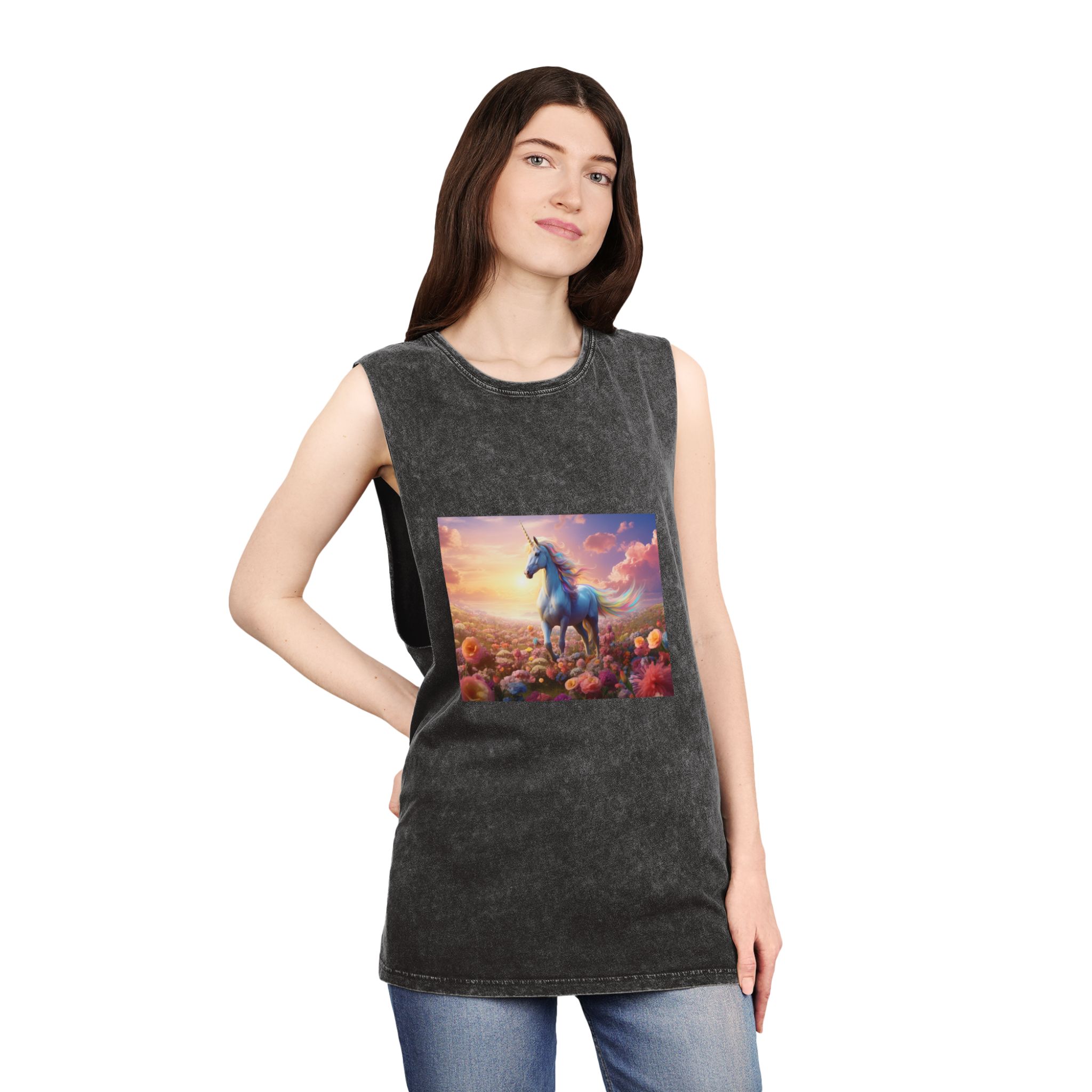 Unicorn Flower Field Unisex Stonewash Tank Top - Image 4