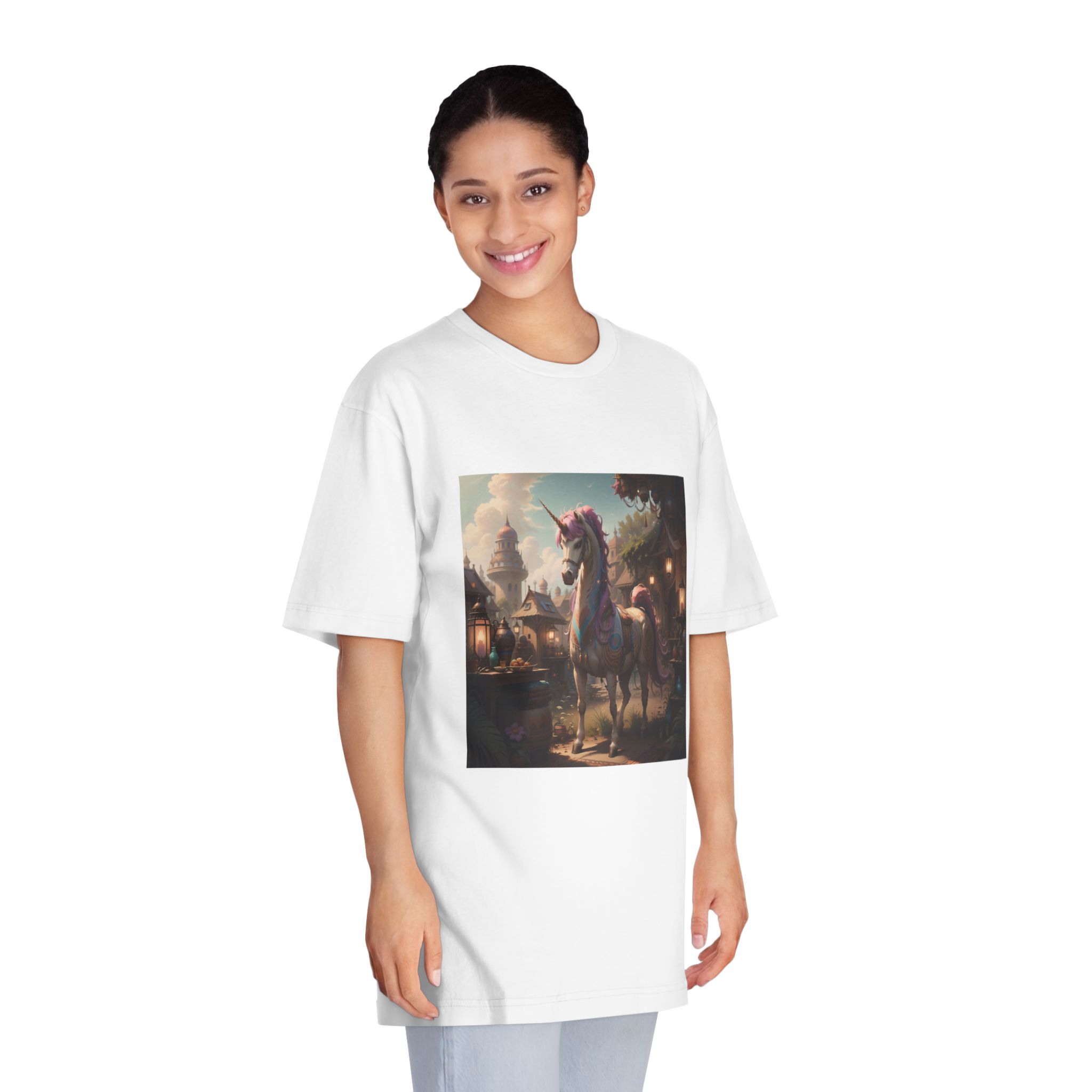 Unicorn With Purple Mane Stands Front Small Town With Lamp Post Unisex Classic Crewneck T Shirt - Image 3