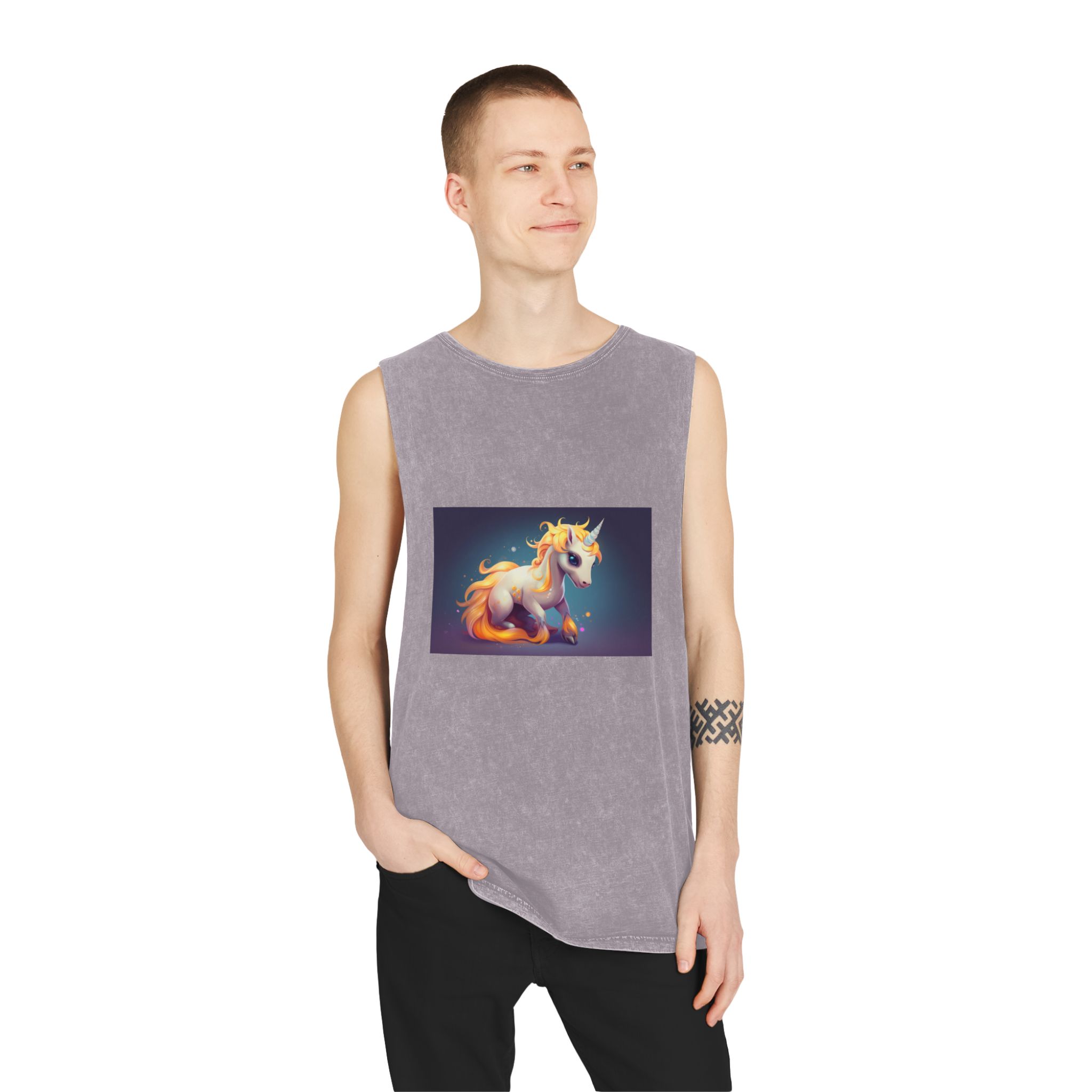 Cute Unicorn With Long Colorful Mane Dark Background Generative Ai Unisex Stonewash Tank Top - Image 19