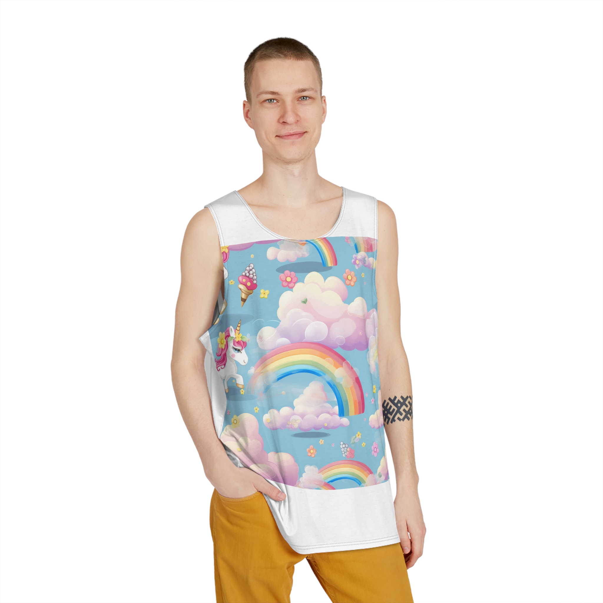 Playful Unicorns Among Flowers Clouds Rainbows Ice Creams Pastel Background (6) Mens Tank Aop - Image 3