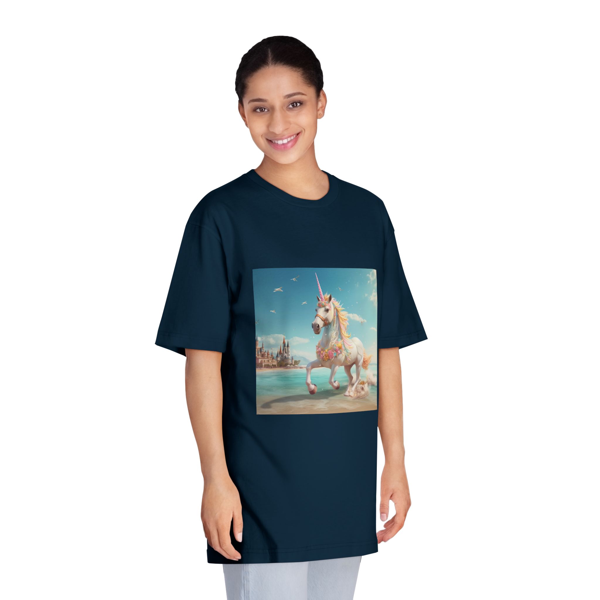 There Is Unicorn Running Beach With Castle Background Generative Ai Unisex Classic Crewneck T Shirt - Image 19
