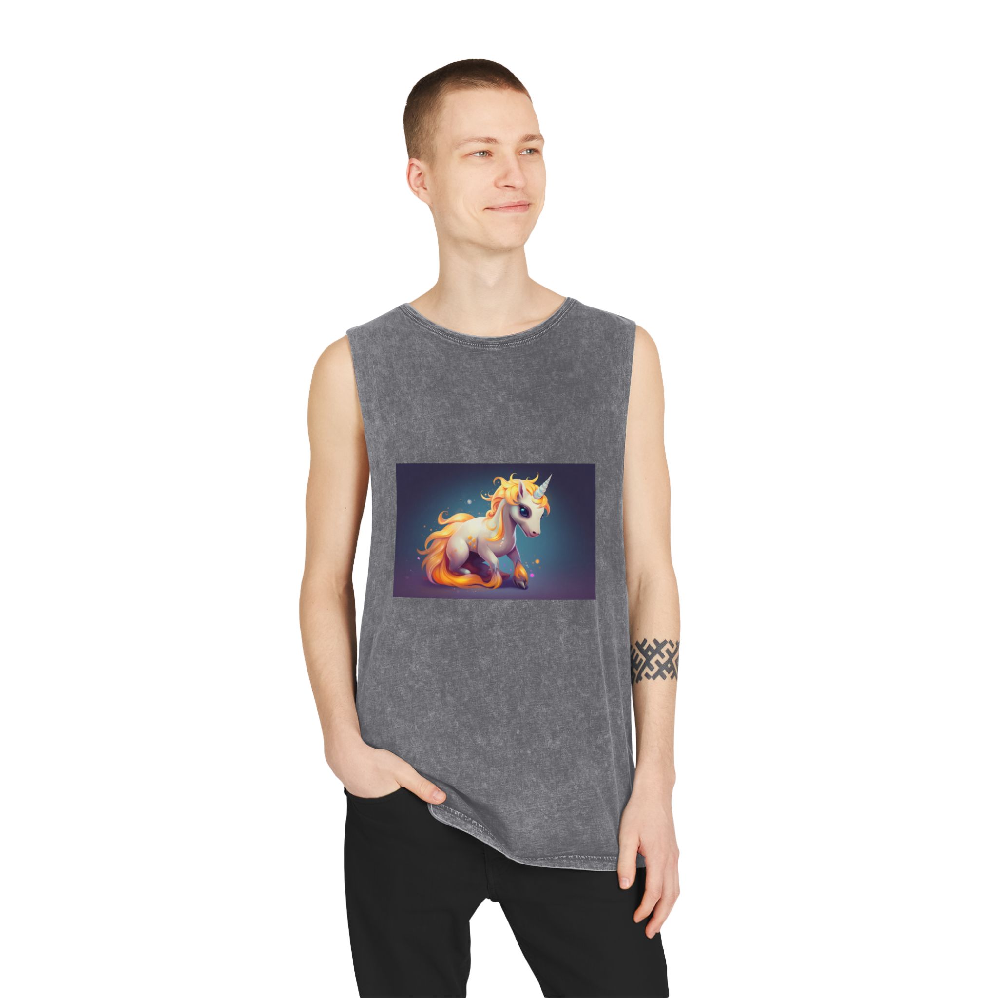 Cute Unicorn With Long Colorful Mane Dark Background Generative Ai Unisex Stonewash Tank Top - Image 11