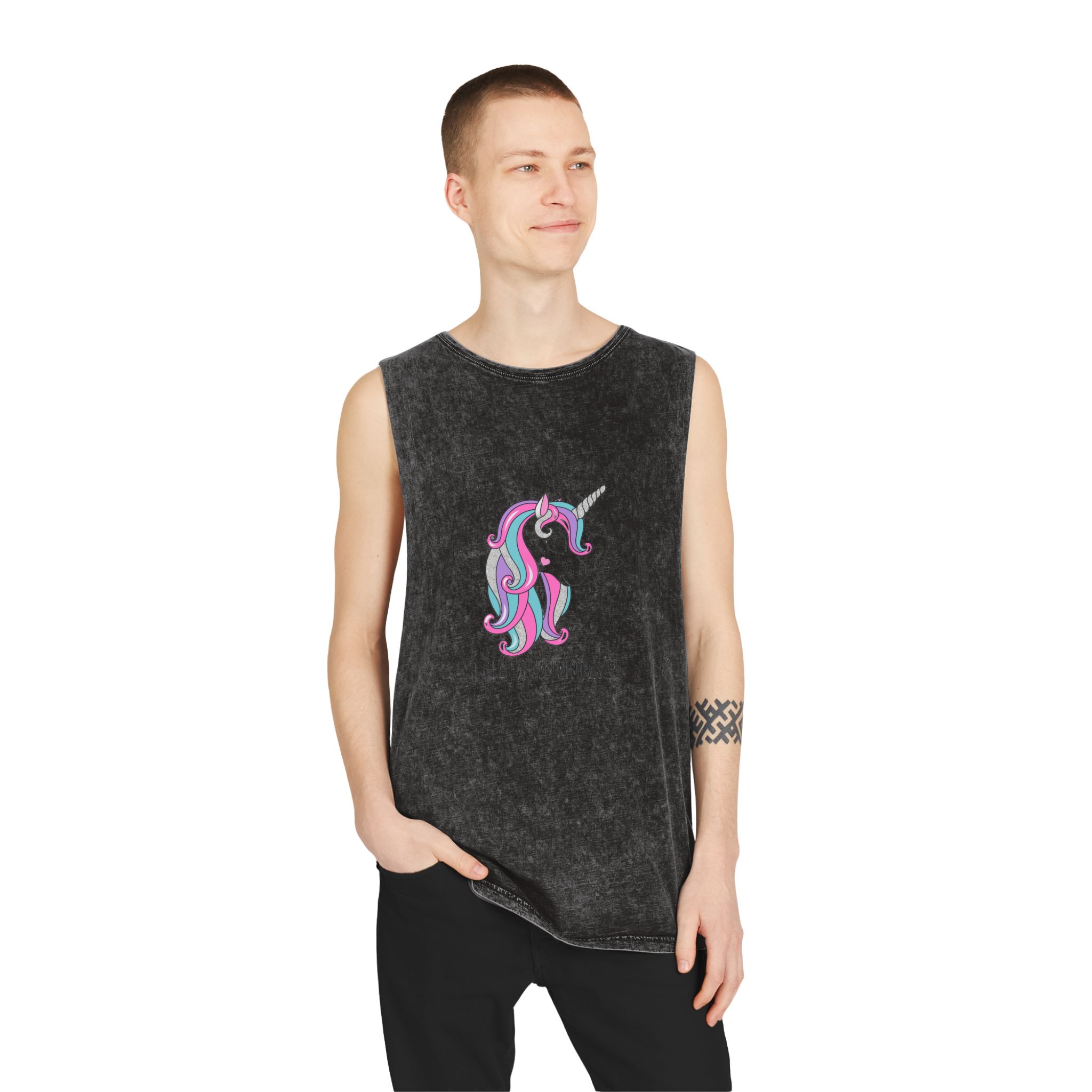 I Belive In Unicorns Copia Unisex Stonewash Tank Top - Image 3