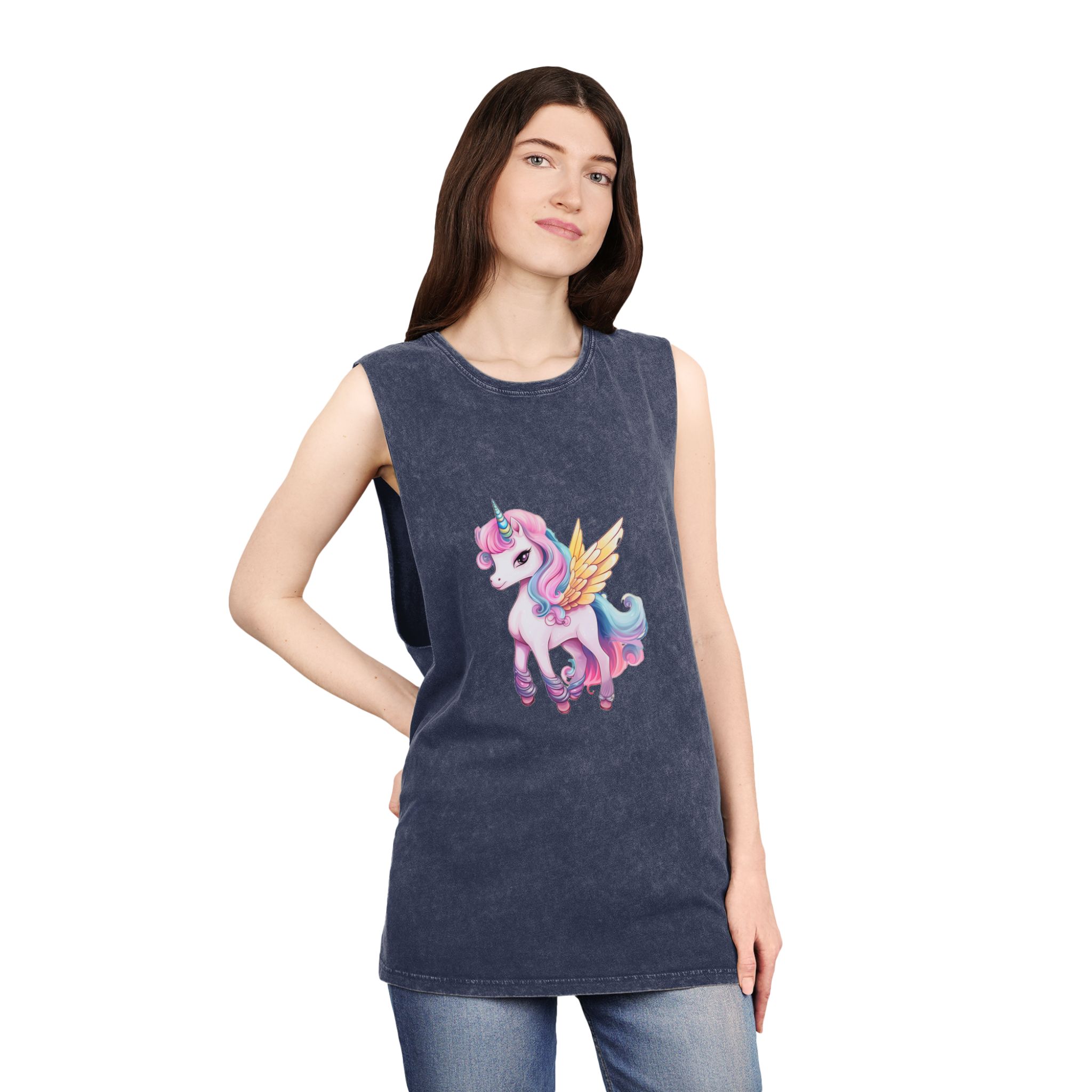 There Is Cartoon Unicorn With Pink Mane Blue Tail Generative Ai Unisex Stonewash Tank Top - Image 16