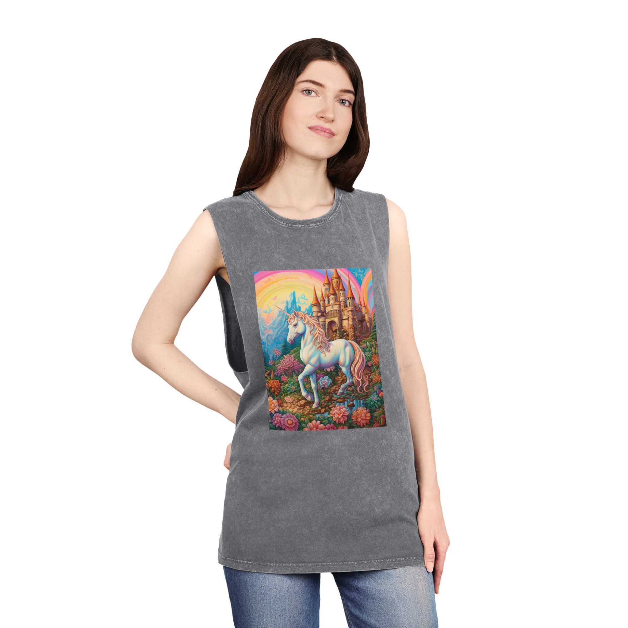 Painting Unicorn Fantasy Setting With Castle Background Generative Ai Copy Unisex Stonewash Tank Top - Image 12