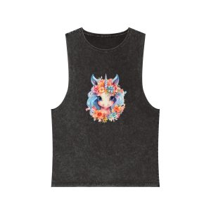 Cute Colorful Magic Unicorn With Flowers Watercolor Style (2) Copy Unisex Stonewash Tank Top