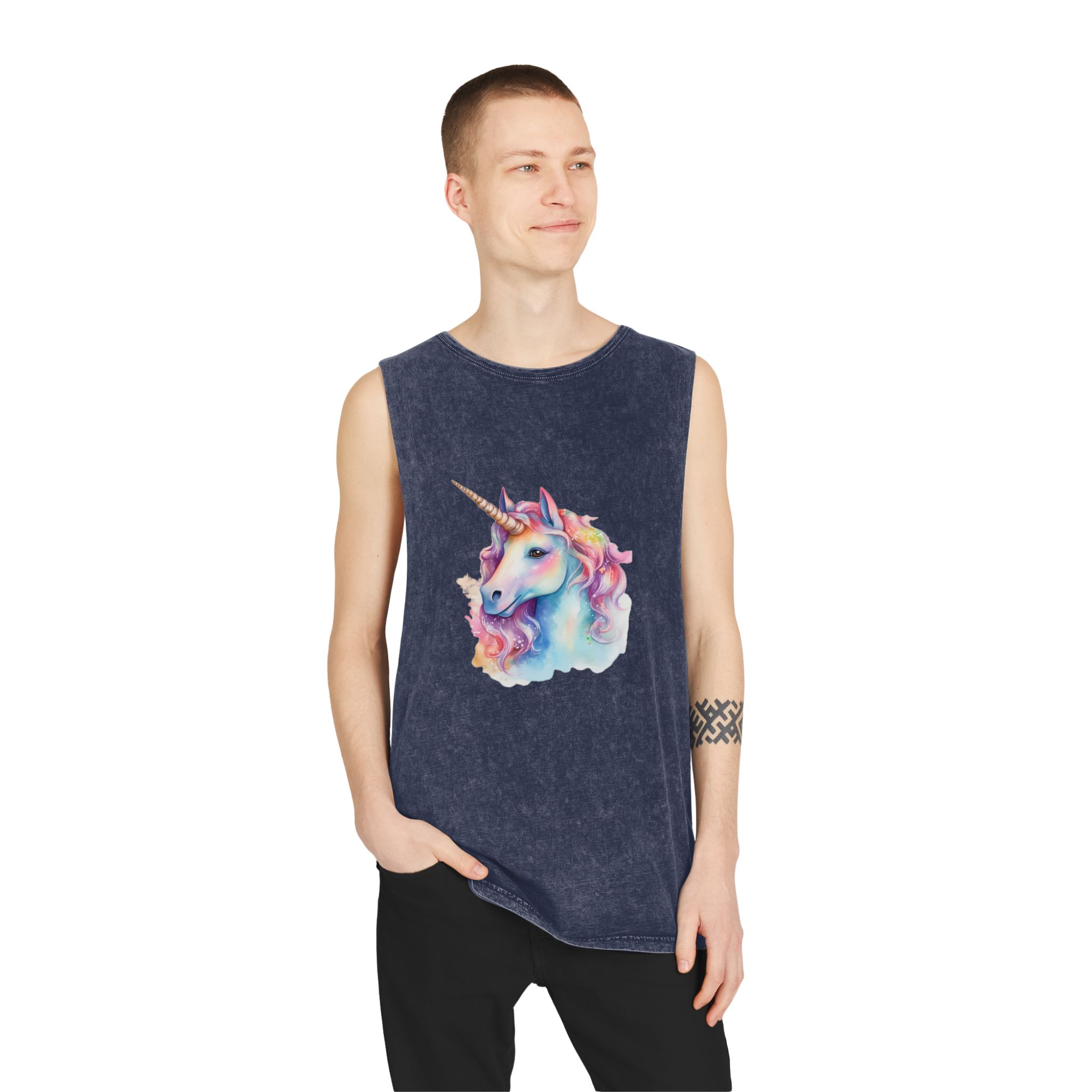 Painting Unicorn With Long Mane Colorful Mane Generative Ai Unisex Stonewash Tank Top - Image 15