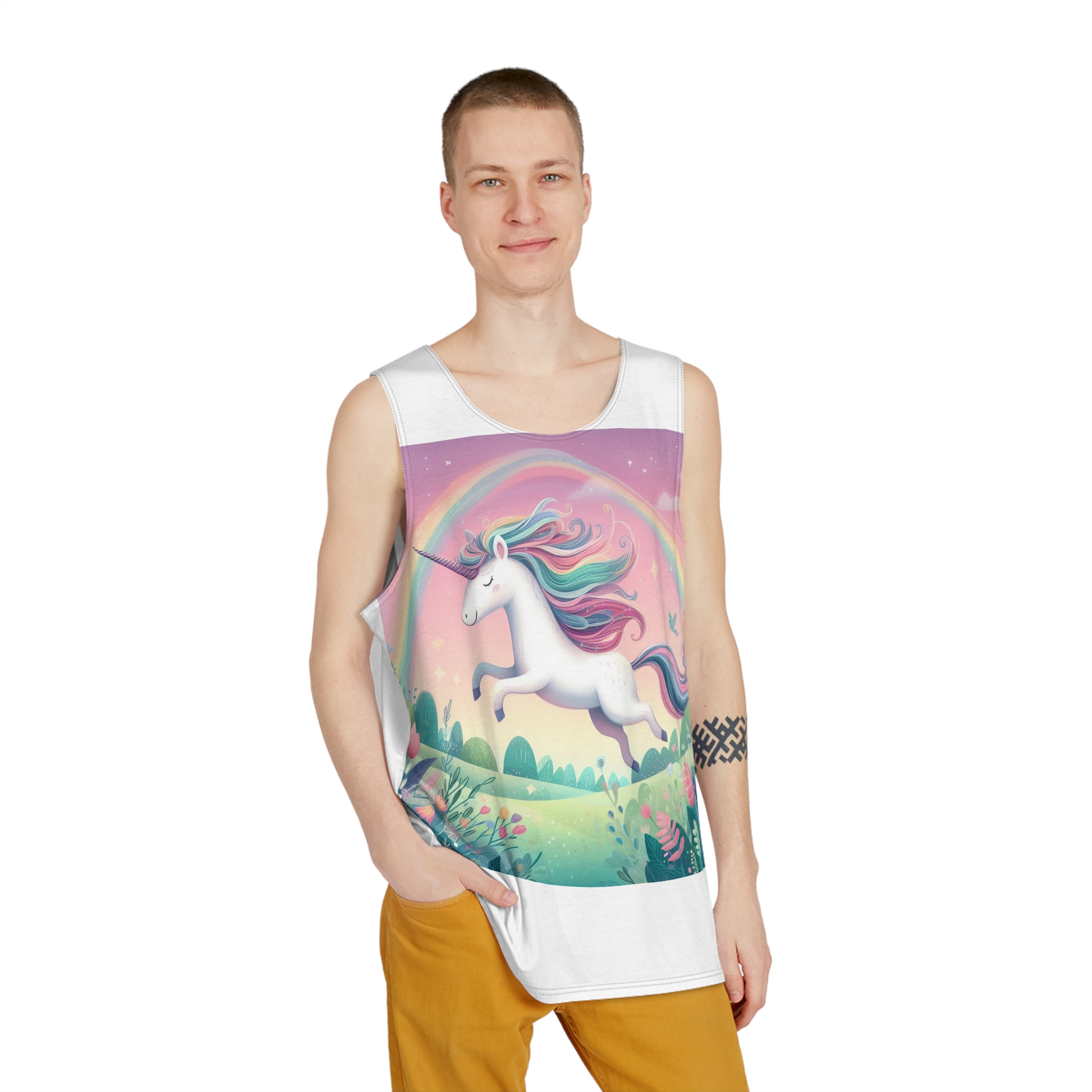 Beautiful Unicorn Running Magical Meadow Unicorn Background Images Whimsical Unicorn (9) Mens Tank Aop - Image 3