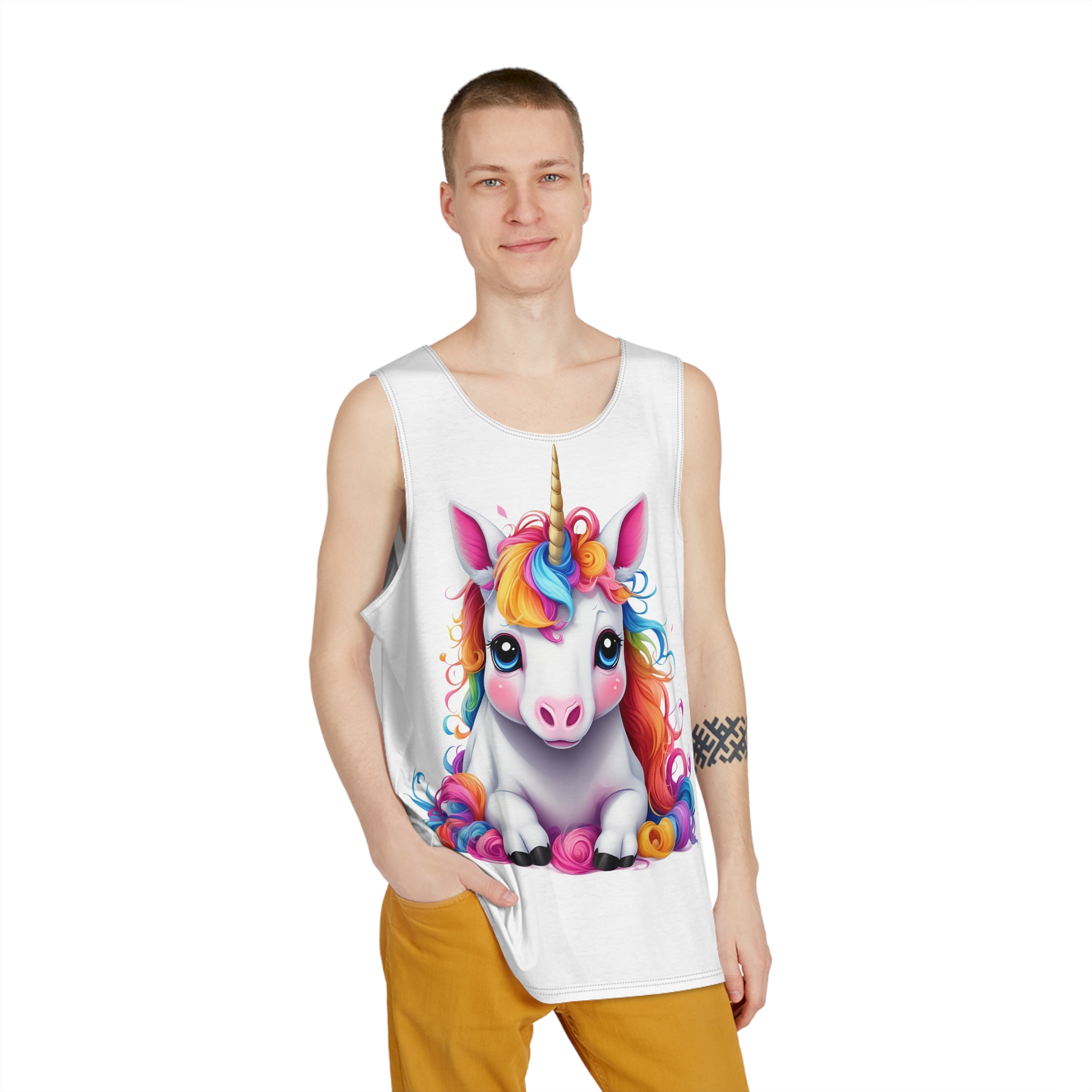 Cute Unicorn With Colorful Hair Isolated White Background Mens Tank Aop - Image 3