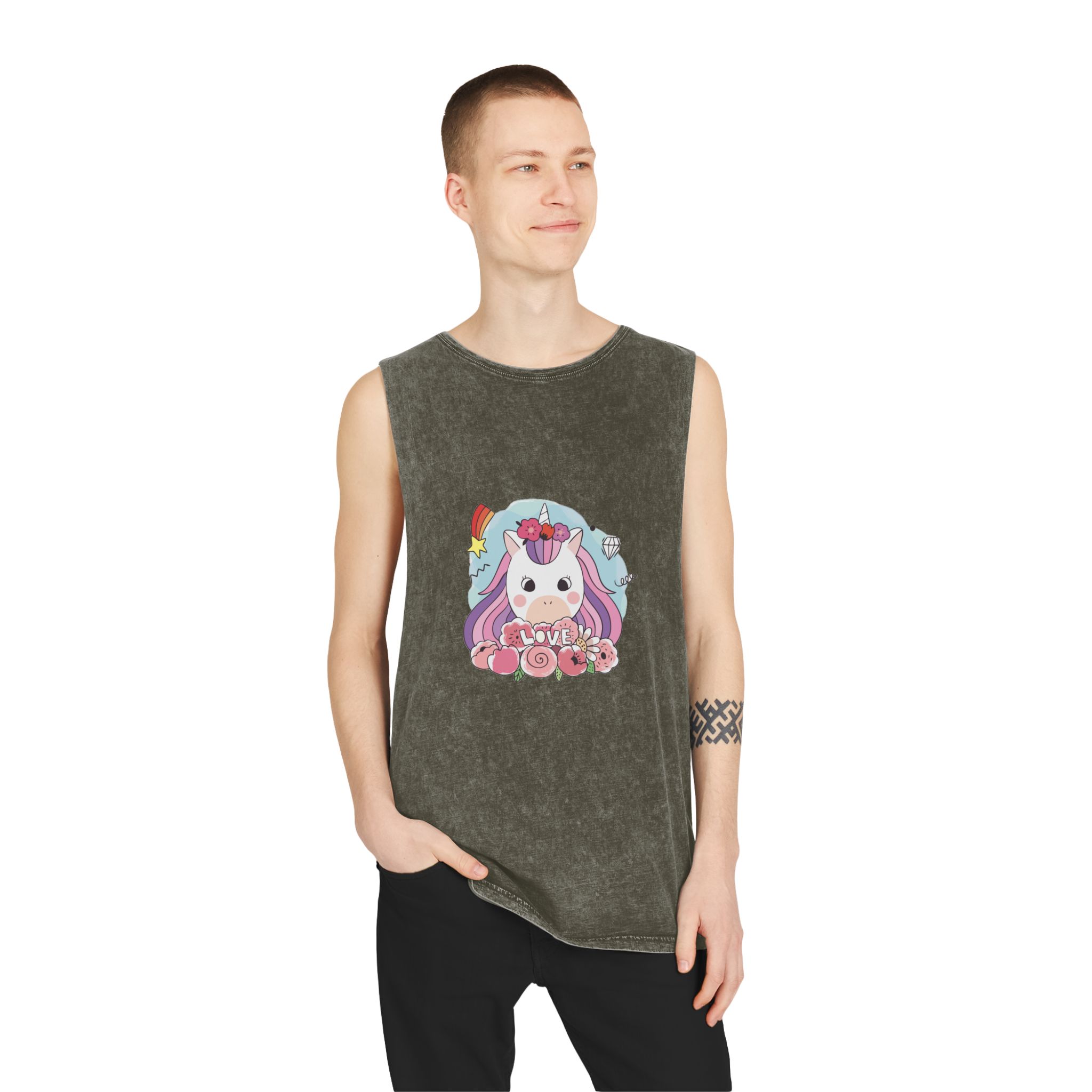 Cartoon Cute Sweet Unicorns Flower Unisex Stonewash Tank Top - Image 7