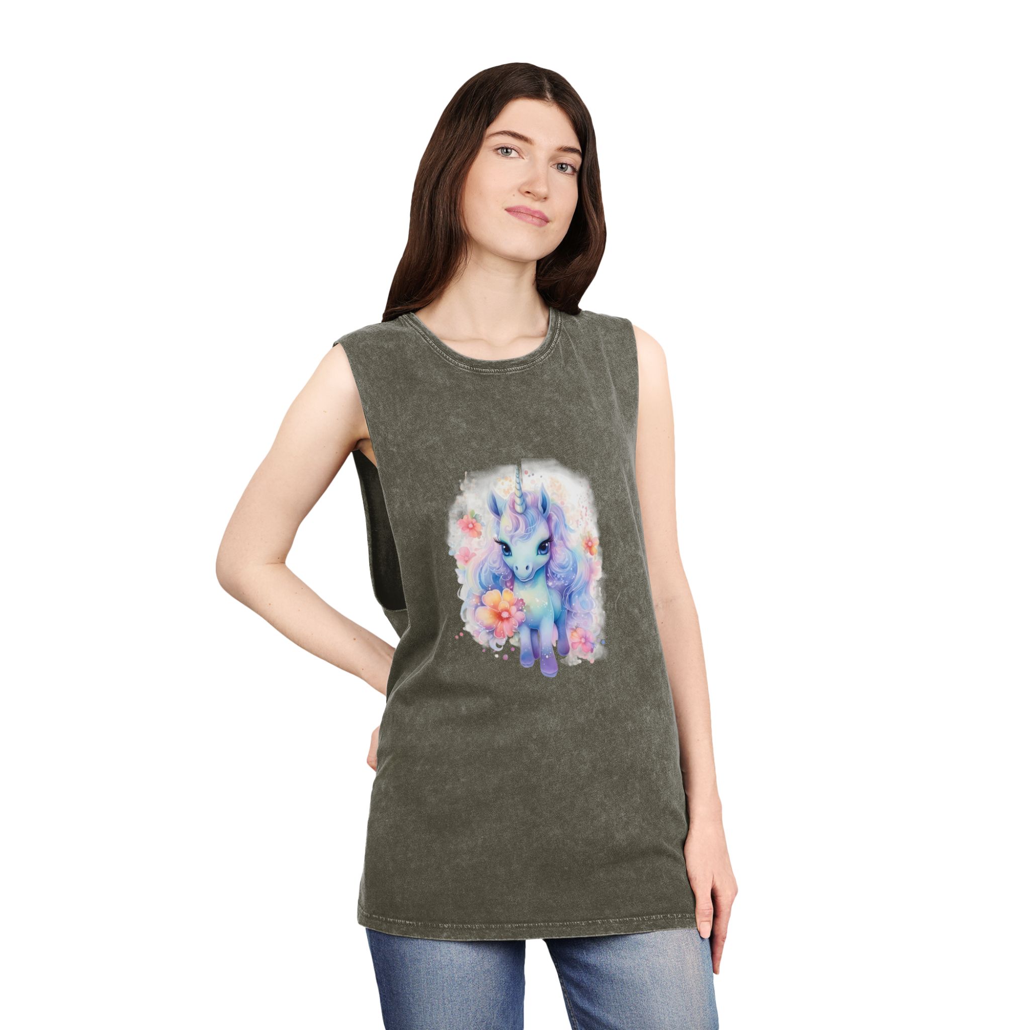 Cute Colorful Magic Unicorn With Flowers Watercolor Style Copia Unisex Stonewash Tank Top - Image 8