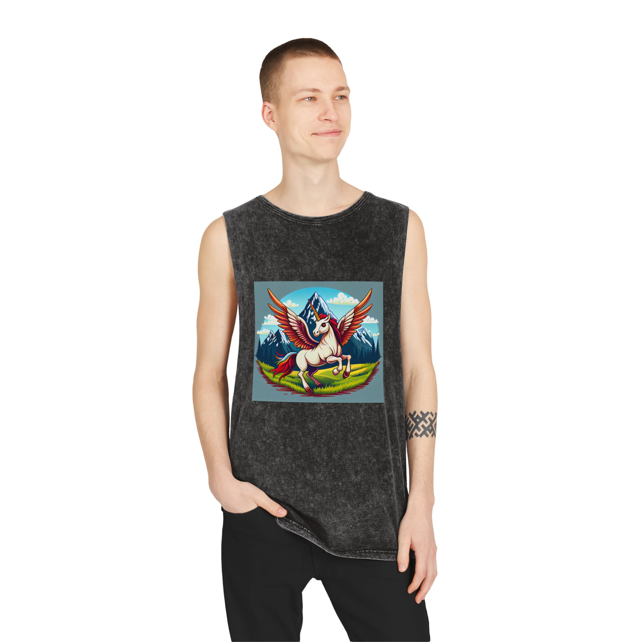 Cartoon Unicorn With Rainbow Wings Top Mountain Background Generative Ai Unisex Stonewash Tank Top - Image 3